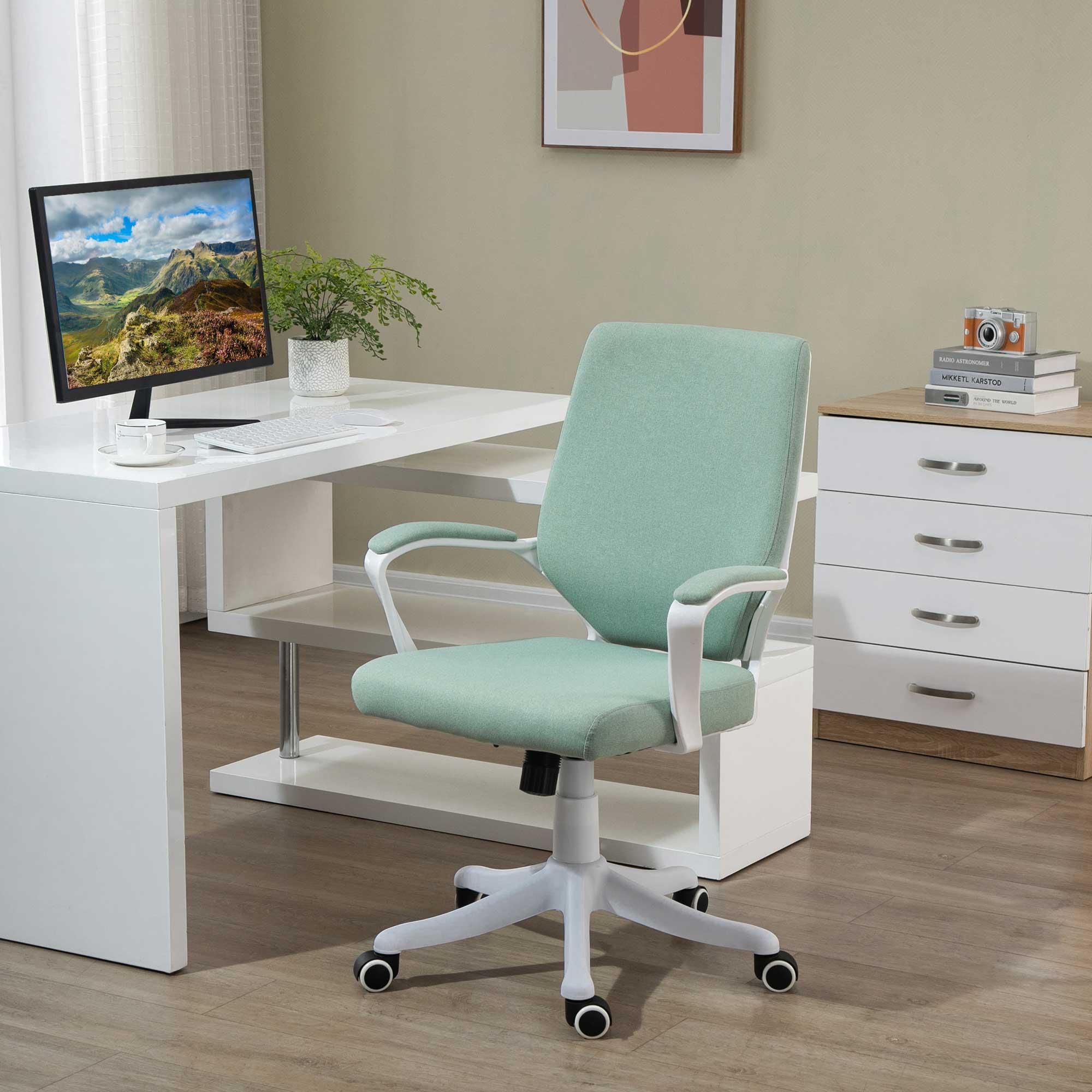 Bürostuhl Schreibtischstuhl Home-Office-Stuhl mit Wippenfunktion Rückenlehne höhenverstellbarer dick gepolstert ergonomisch 360°-Drehräder Polyester Nylon PP Grün+Weiß 62x69x92-100 cm