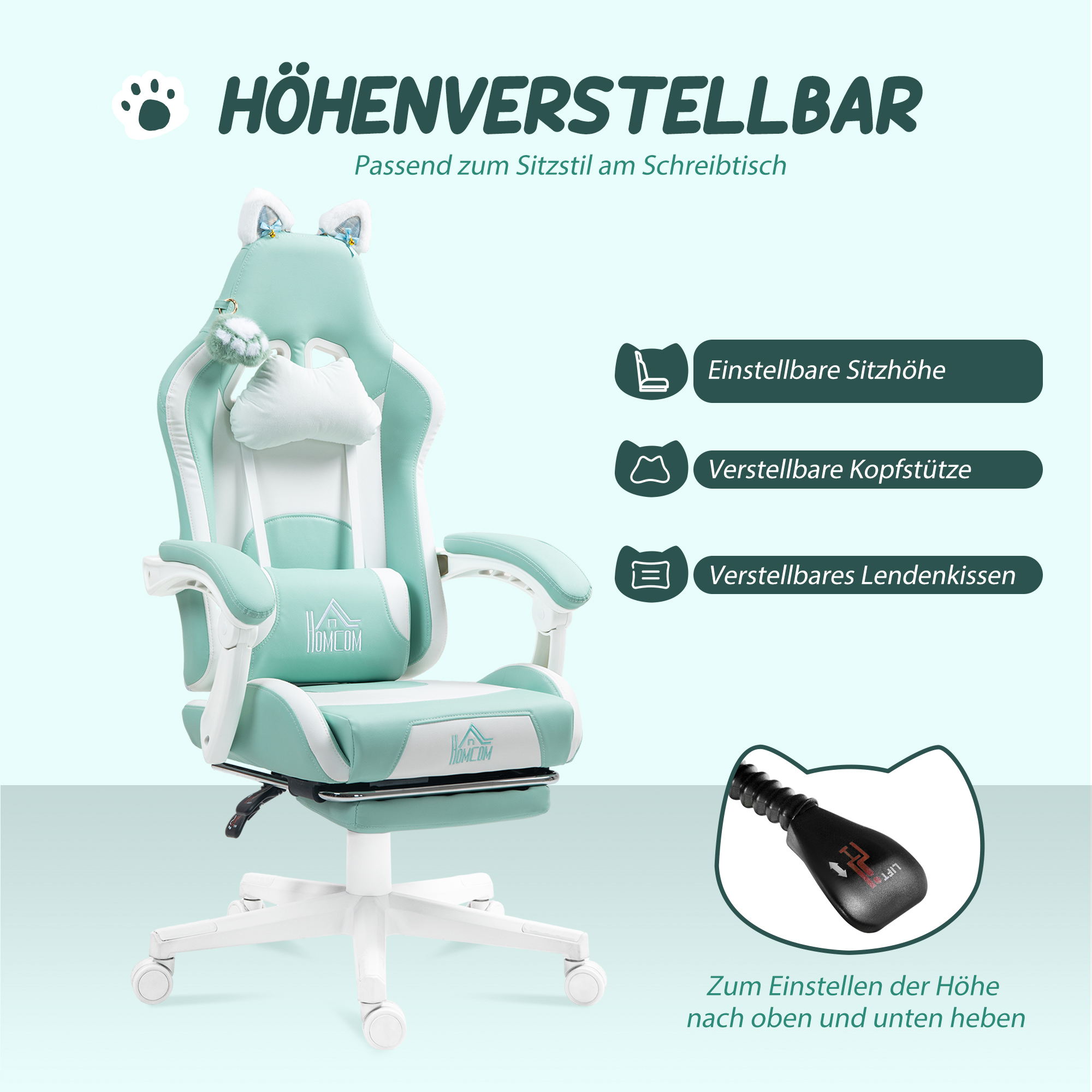 Gaming-Sessel mit Katzenohren, neigbare Lehne, ausziehbare Fußstütze, bis 120 kg belastbar, Seeblau