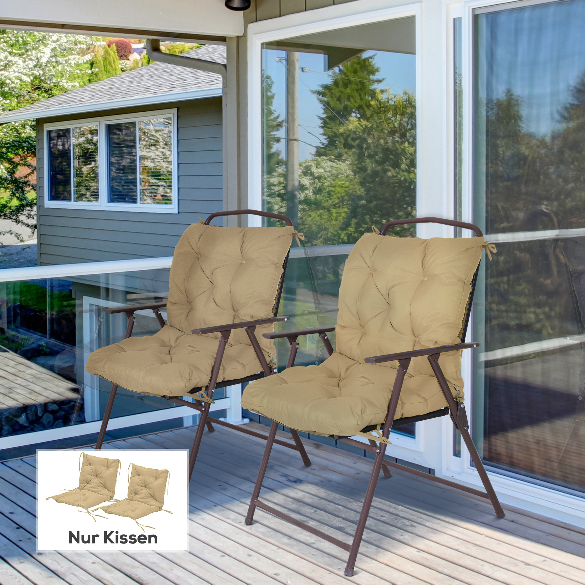 2er-Set Sitzkissen, 98 x 50 cm Stuhlkissen mit Bindebänder, Stoffbezug, 8cm dick Khaki