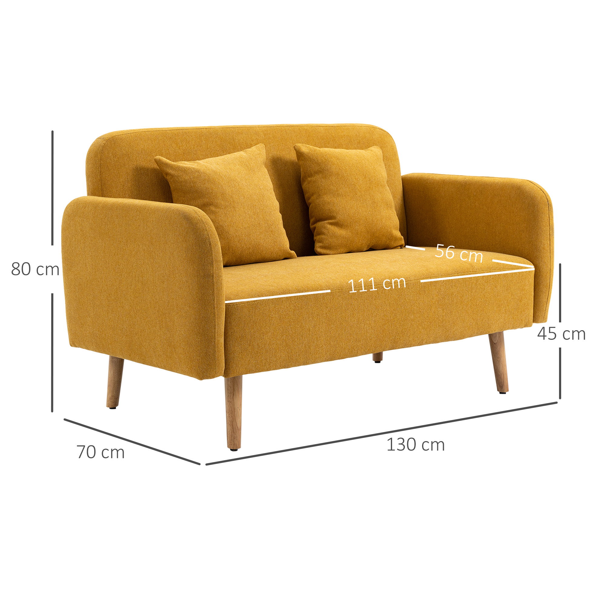 2 Sitzer Sofa, Couch mit 2 Wurfkissen, gepolsterter Doppelsofa, Polstersofa mit Samtopik, Armlehne, Loveseat für Wohnzimmer, Schlafzimmer,  130 x 70 x 80 cm, Gelb