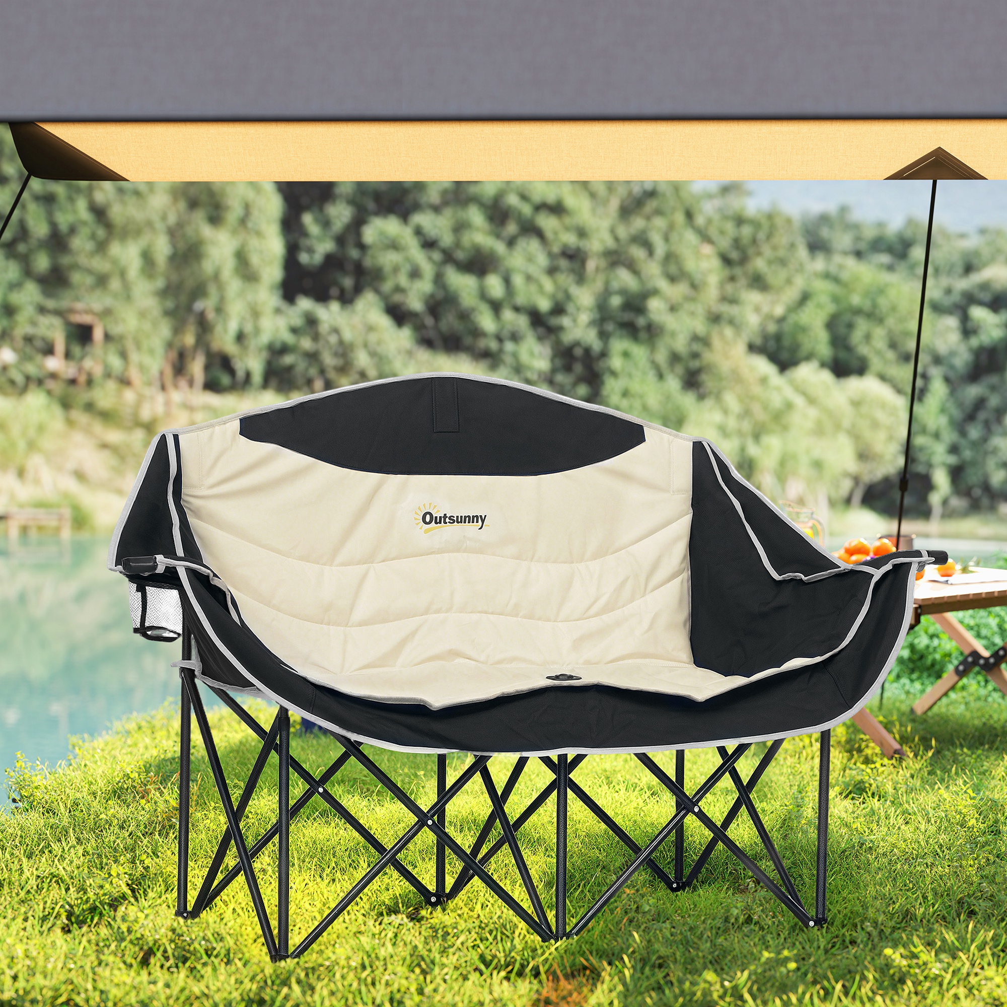 Faltstuhl faltbar 2 Sitzer Campingstuhl mit Getränkehalter Tragetasche bis 250kg belastbar Khaki
