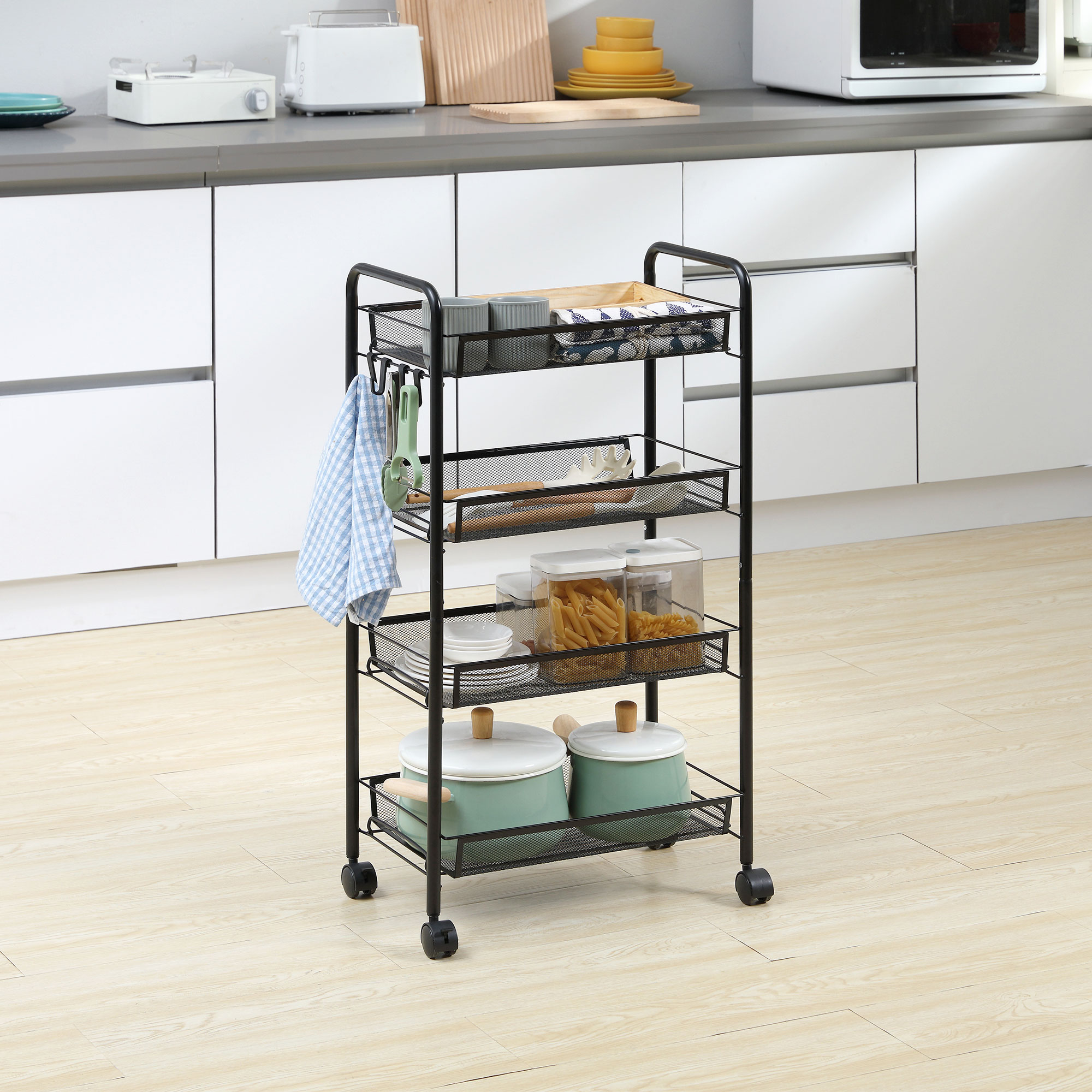 Rollwagen mit 4 Hängekörben, Servierwagen auf Rollen, fahrbar, abnehmbare Haken, Stahl, 45 x 26,5 x 84 cm, Schwarz