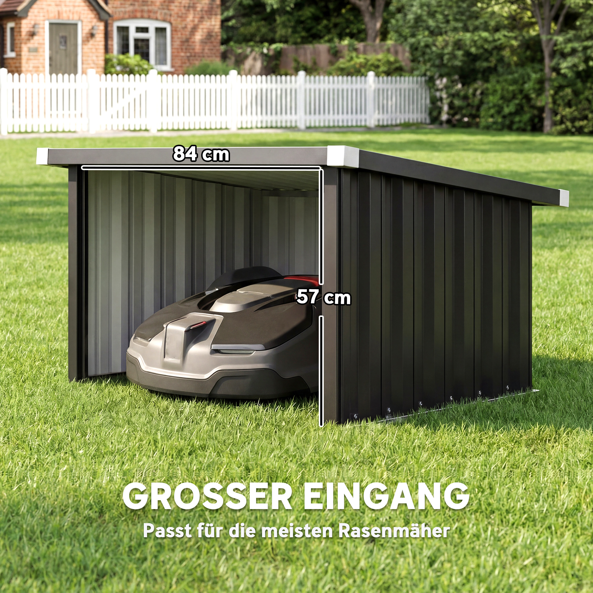 Mähroboter Garage Stahl 108 x 86 x 62,5 cm Rasenroboter Garage mit Pultdach Schutzkante Verzinkte Stahl