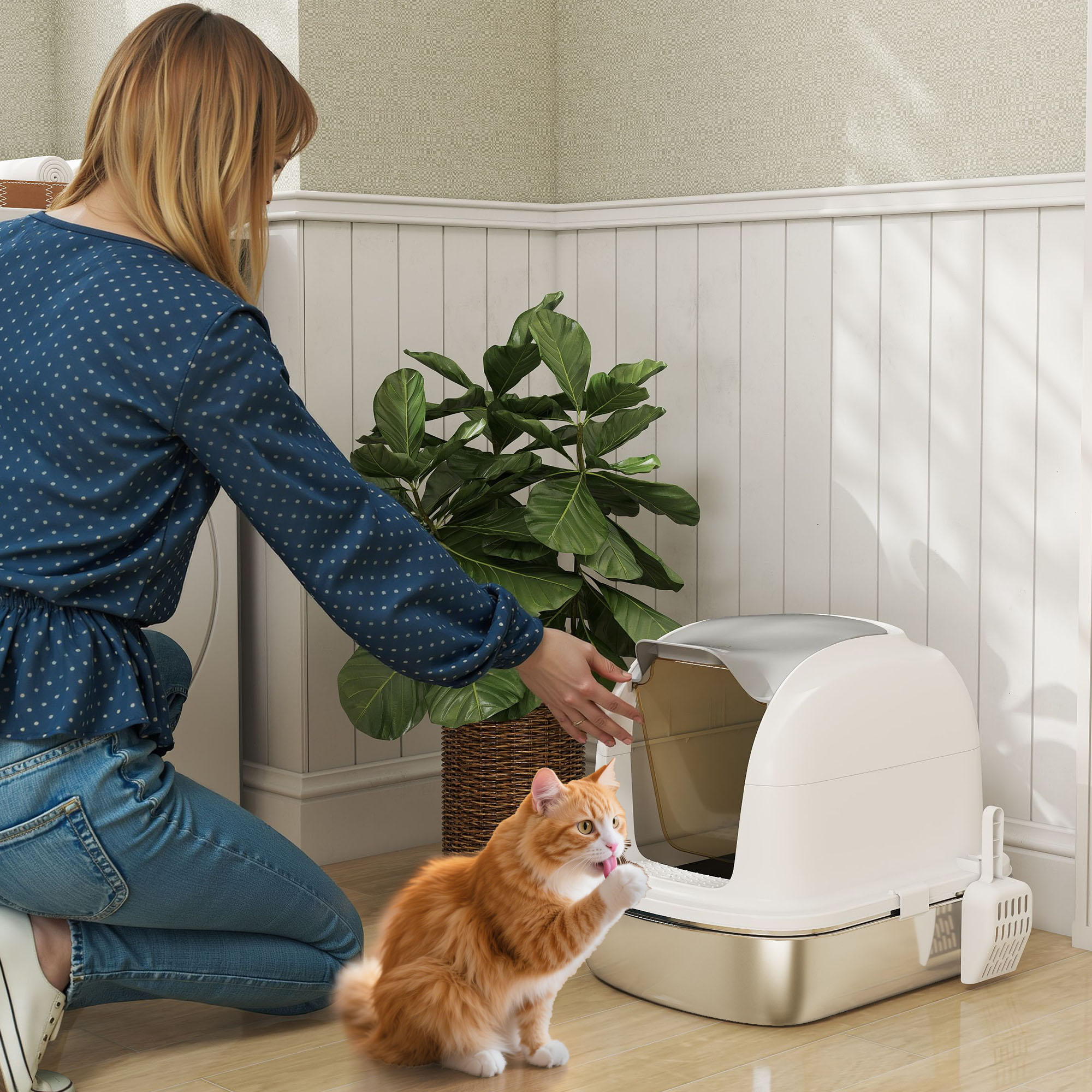 Katzenklo Edelstahl mit Deckel, Katzentoilette mit Wanne, Streuschaufel, für Katze unter 5 kg, 52,4 x 41,3 x 42 cm, Weiß