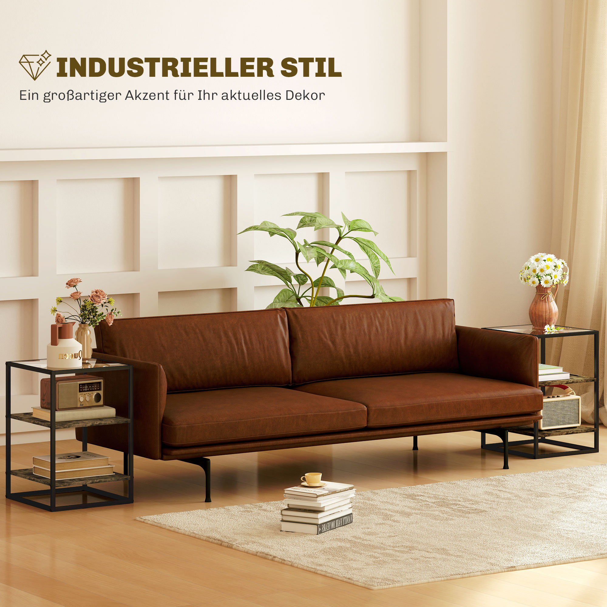 2er-Set Beistelltische mit Glasplatte, 3-stufiges Design, Metallrahmen, für Wohnzimmer, Schlafzimmer, Braun