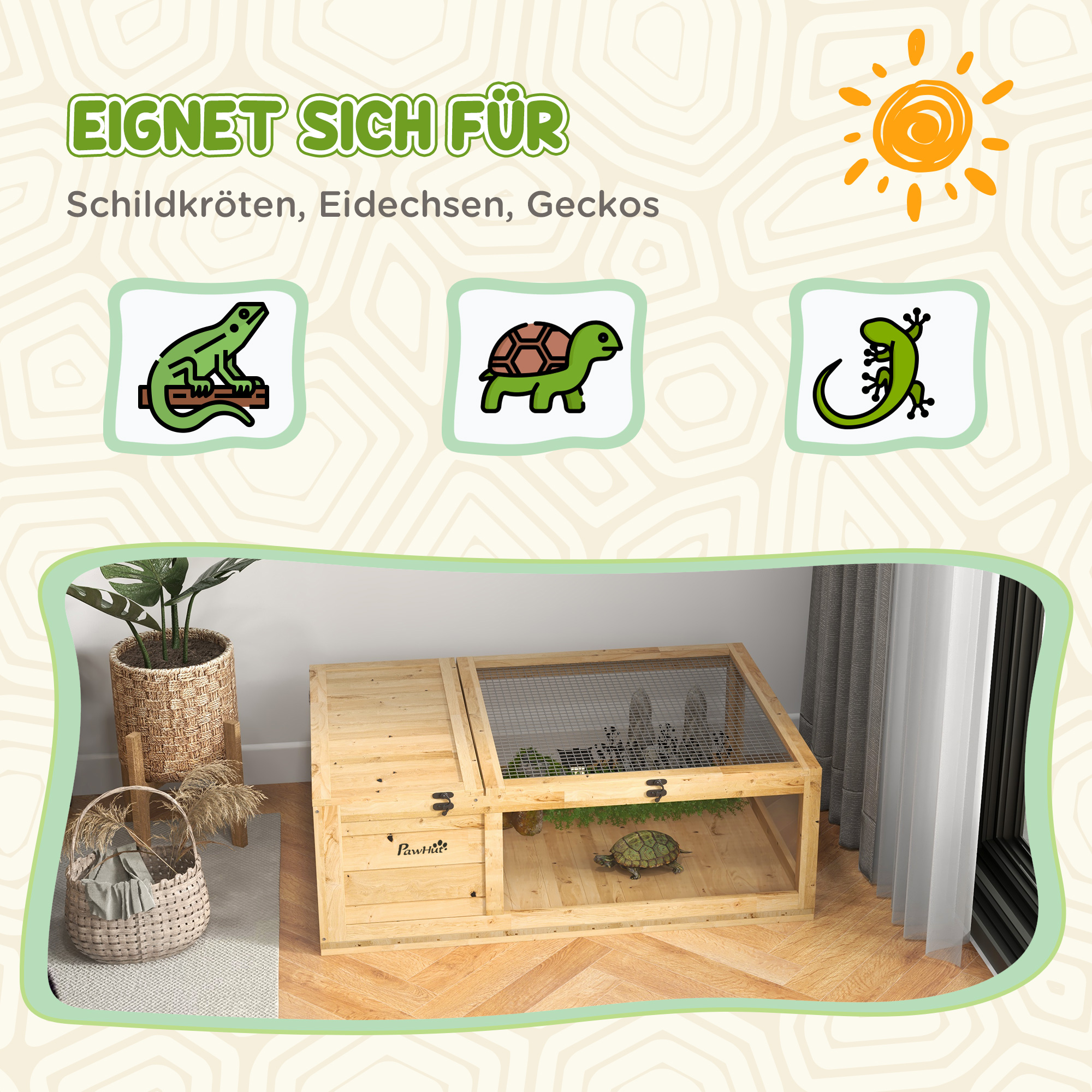 Schildkrötenhaus aus Holz, Schildkrötengehege mit Haupthäusern, aufklappbare Oberseite, 91 x 60,5 x 32 cm, Gelb