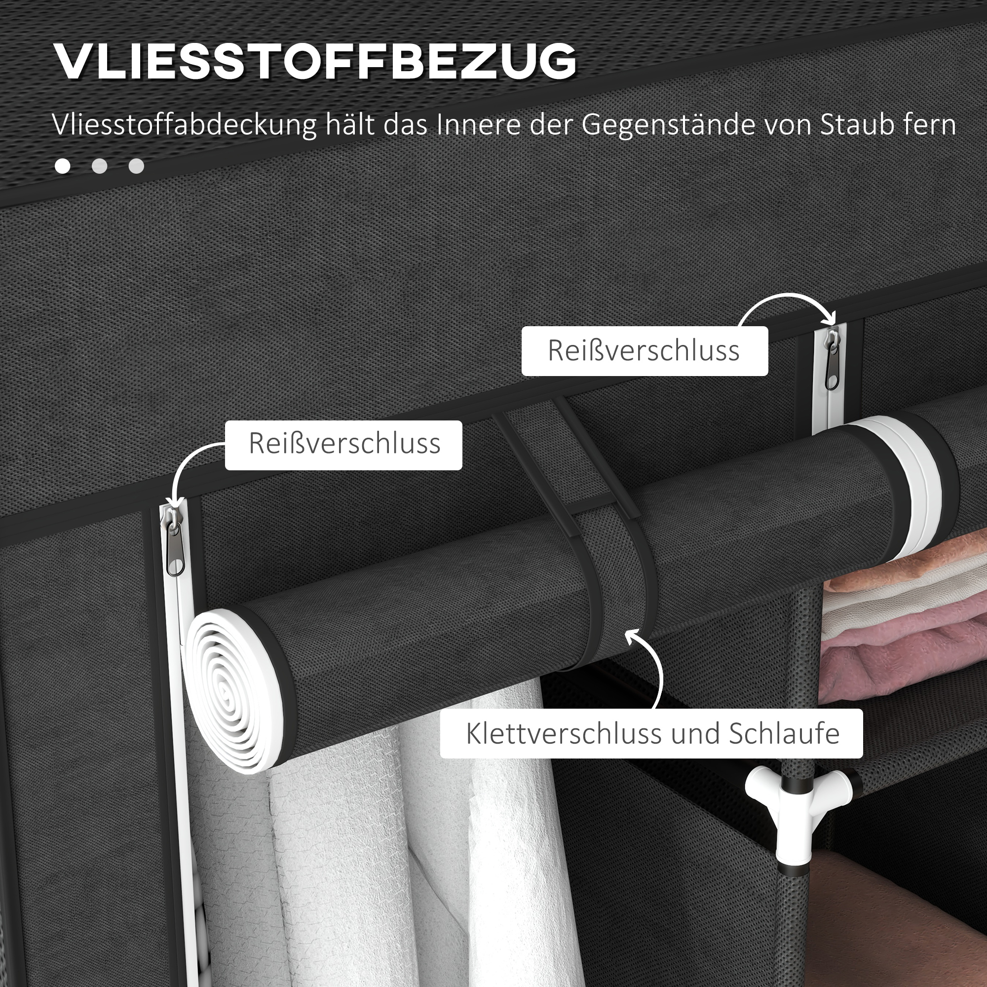 Schrank aus Stoff, Aufbewahrungslösung, 8 Regale, 2 Kleiderstangen, Schwarz