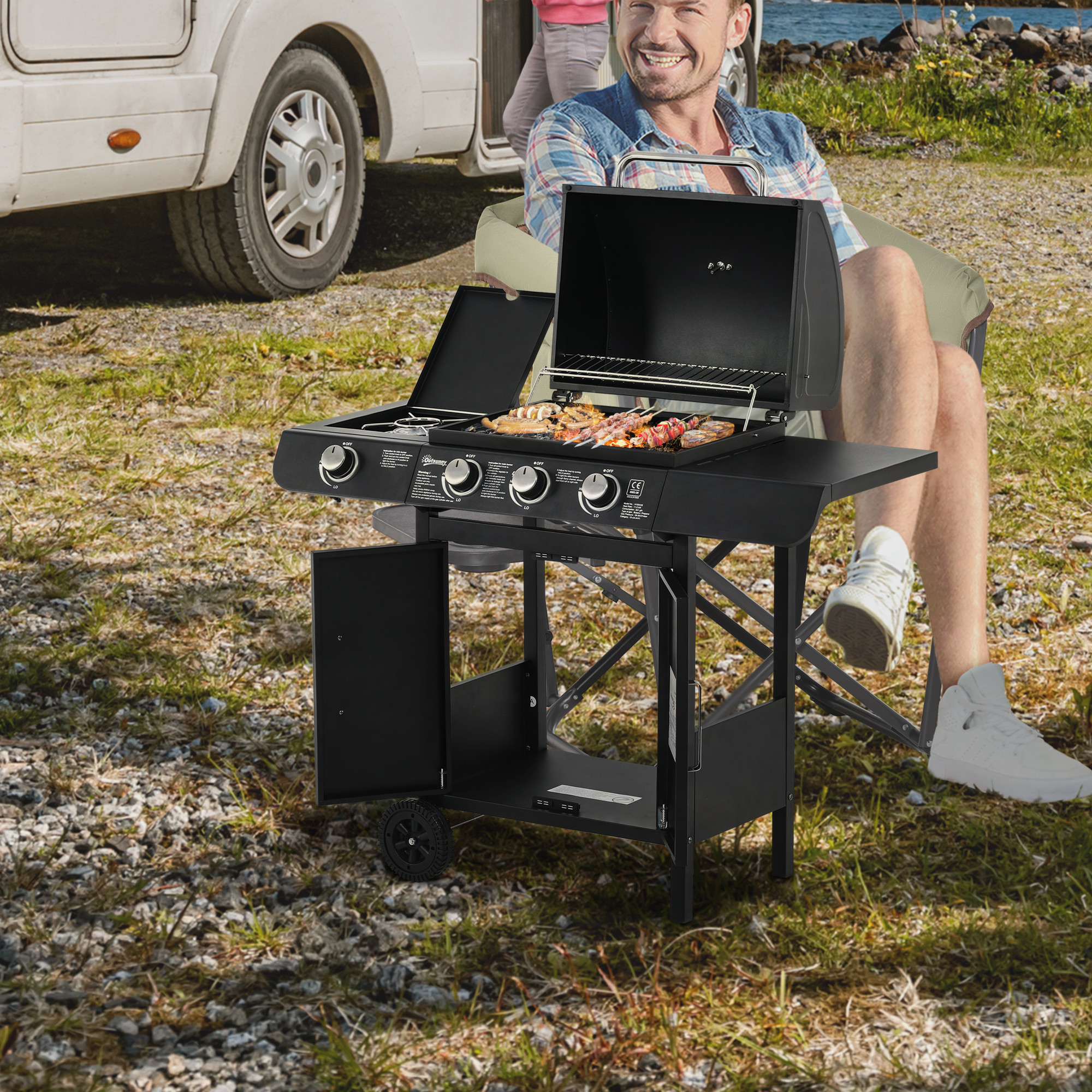 Gasgrill mit 3 Hauptbrennern + 1 Seitenbrenner, Ablage, rostfreier Stahl, schwarz, 110 x 50 x 100 cm