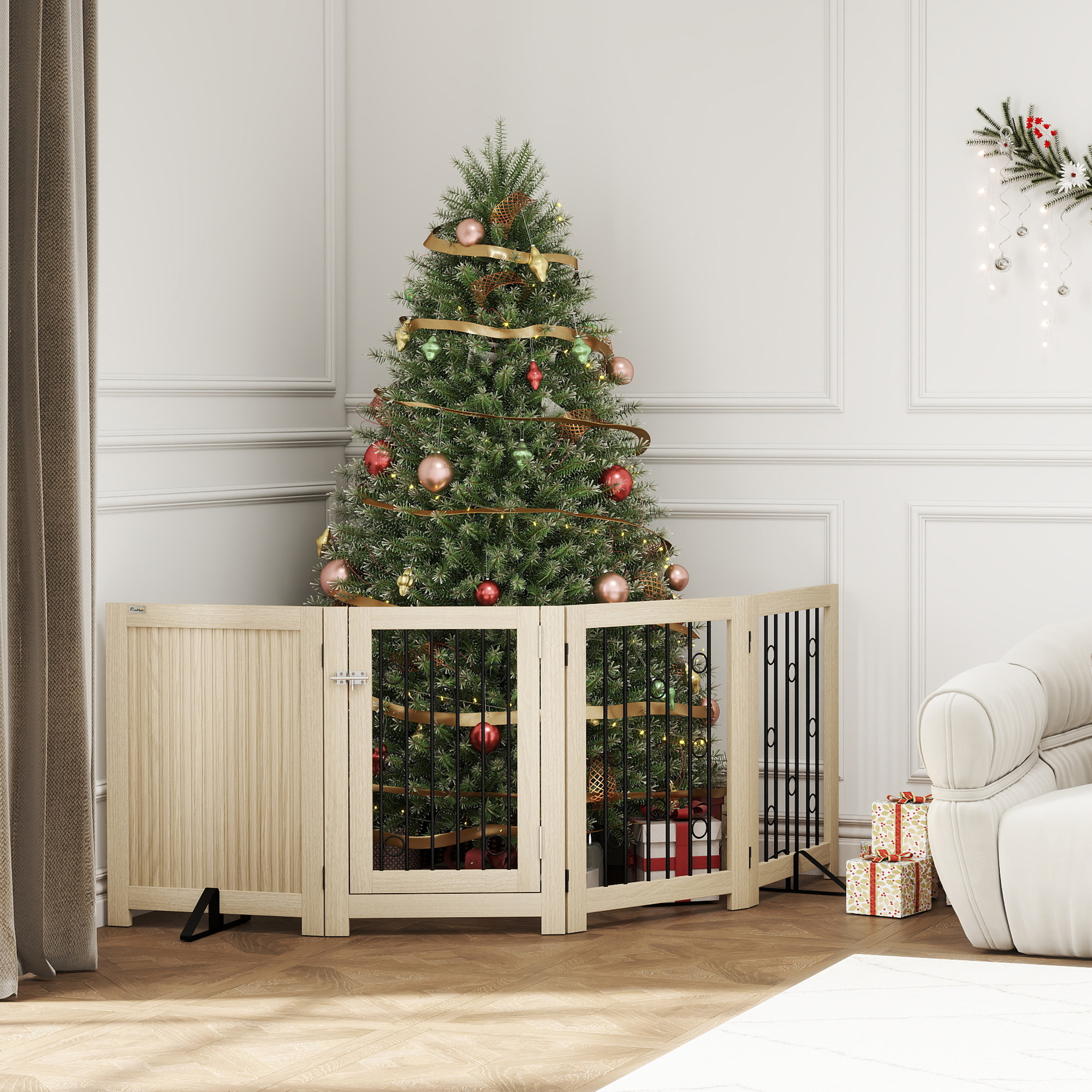 freistehendes Haustiertor, Hundegitter mit Tür, 4 Paneele, für Flur, Treppe, Türrahmen, MDF, Stahl