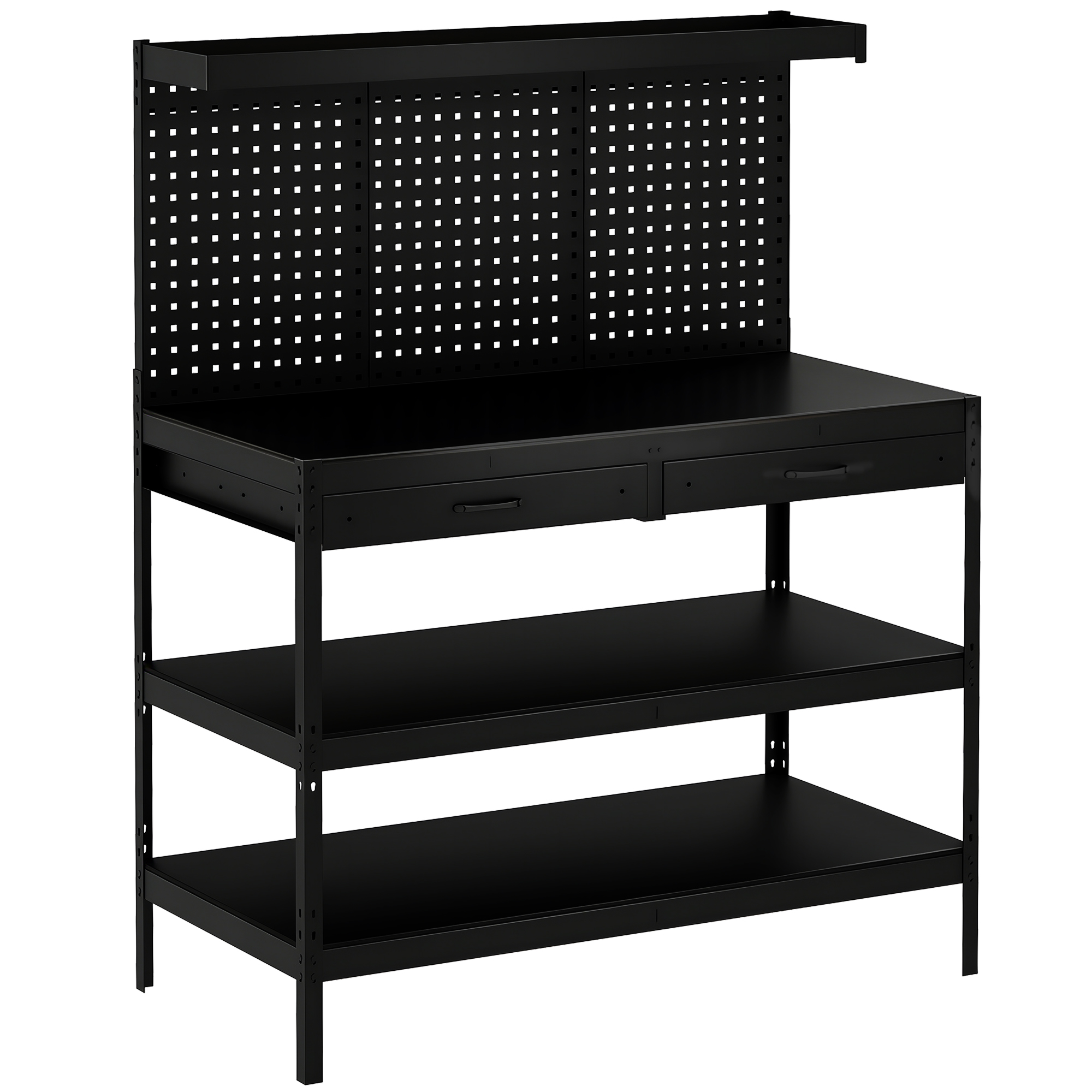 Werkbank mit verstellbaren Regalen, robuste Arbeitsstation mit Lochwand und 2 Schubladen, 122 x 61 x 156 cm, Schwarz