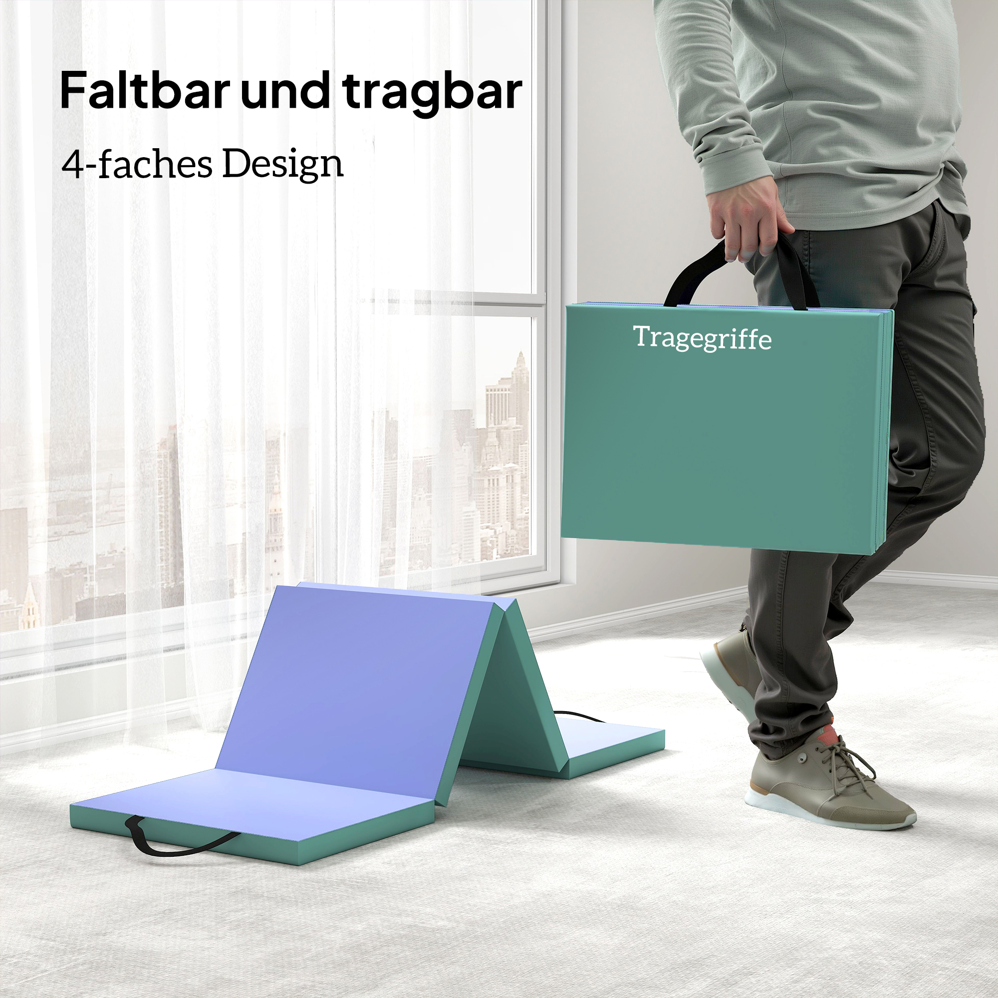 Trainingsmatte Faltbare Fitnessmatte mit Griff Sportmatte für Yoga Fitness Synthetikbezug 180 x 60 x 5 cm Grün+Lila