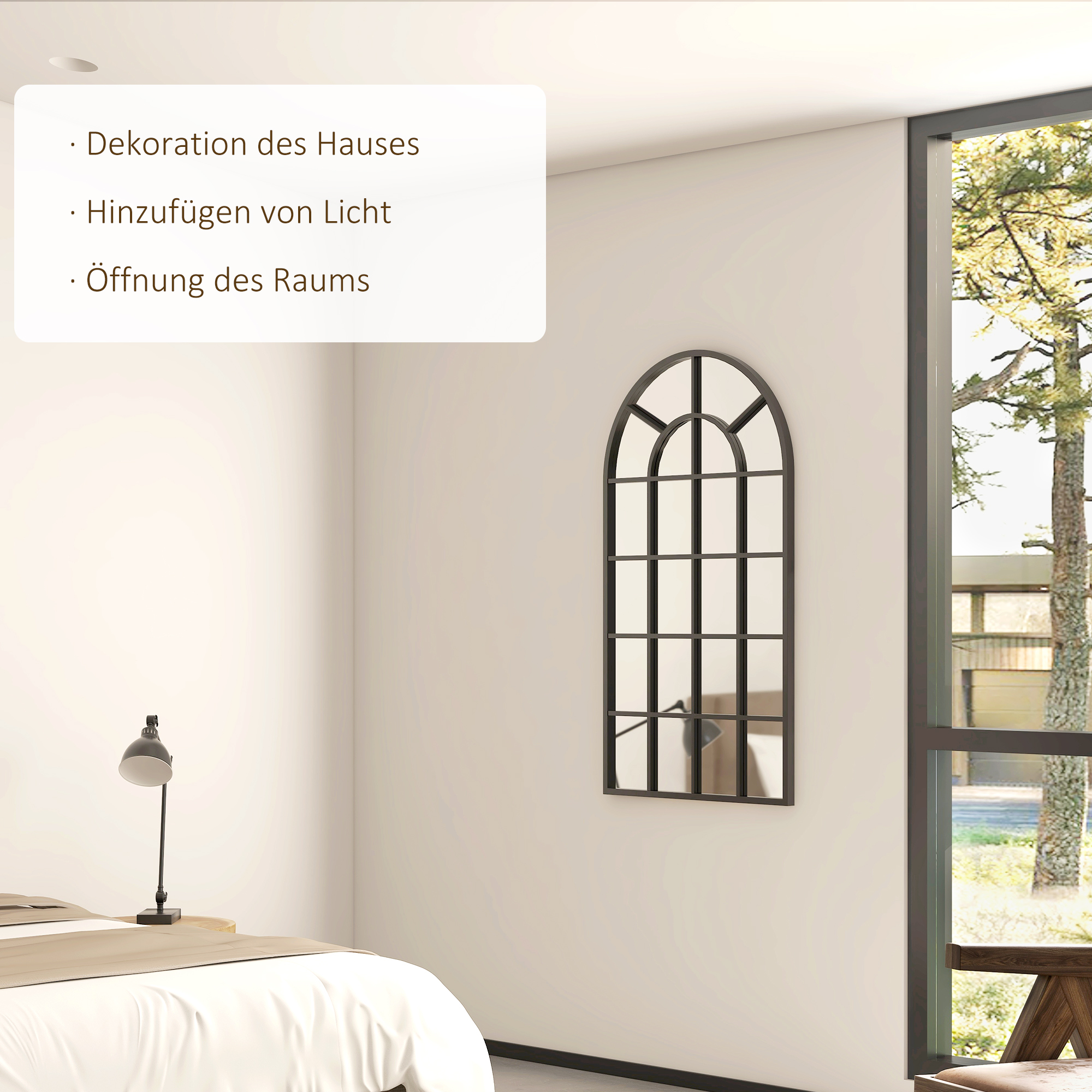 Dekospiegel großer Spiegel, Fensteroptik, Bogenförmig, inkl, Aufhängung, Schwarz + Spiegelglas