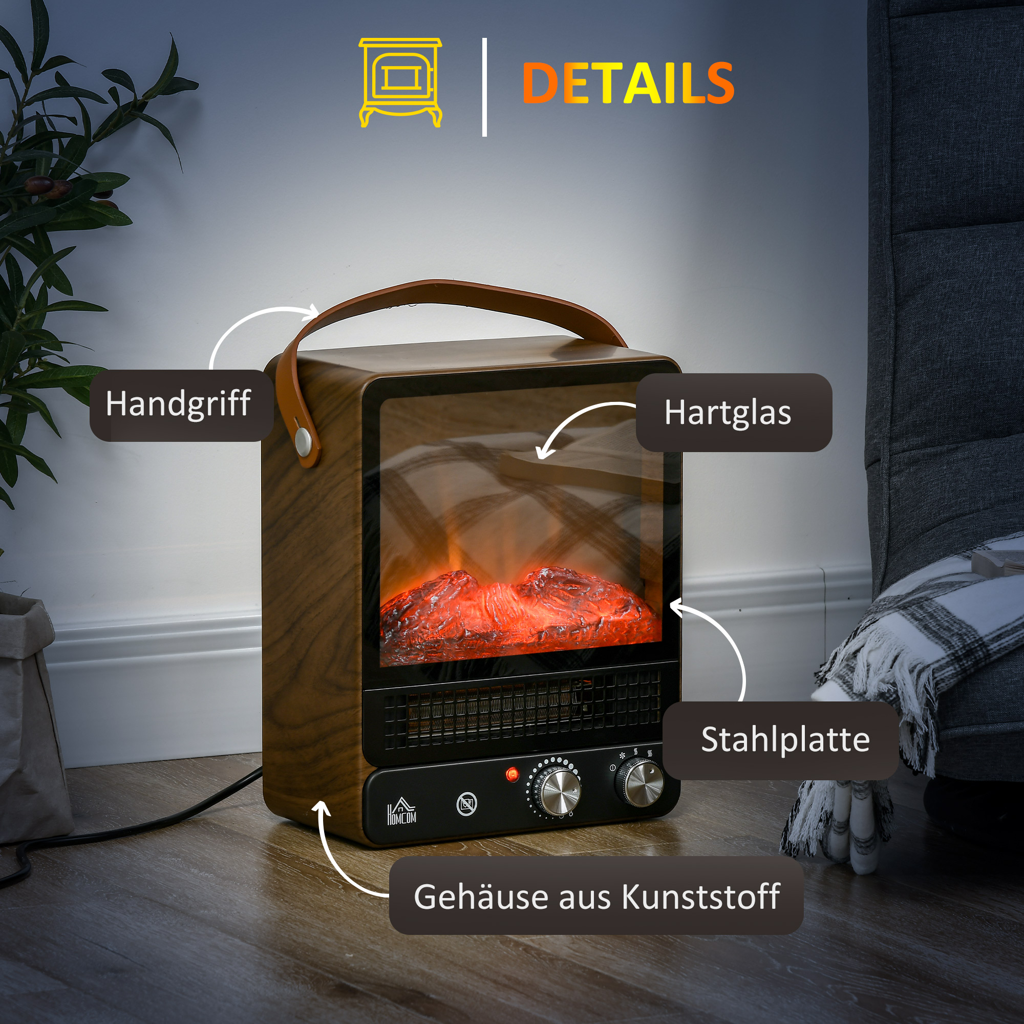 Elektrokamin, realistisches Feuer, 2 Heizmodi bis 50° C, Überhitzungsschutz, Walnussoptik, 30,3 x 17,5 x 37,4cm