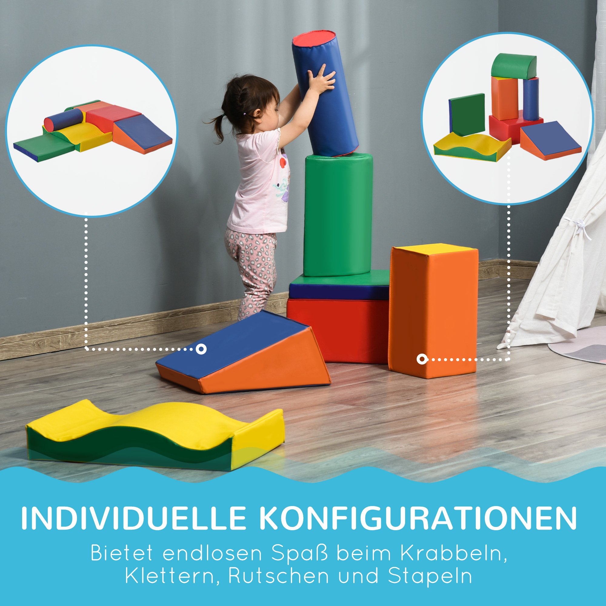 Soft-Bausteine, 7-tlg. Set, sicheres Material, weich und pflegeleicht, Schaumstoff, bunt