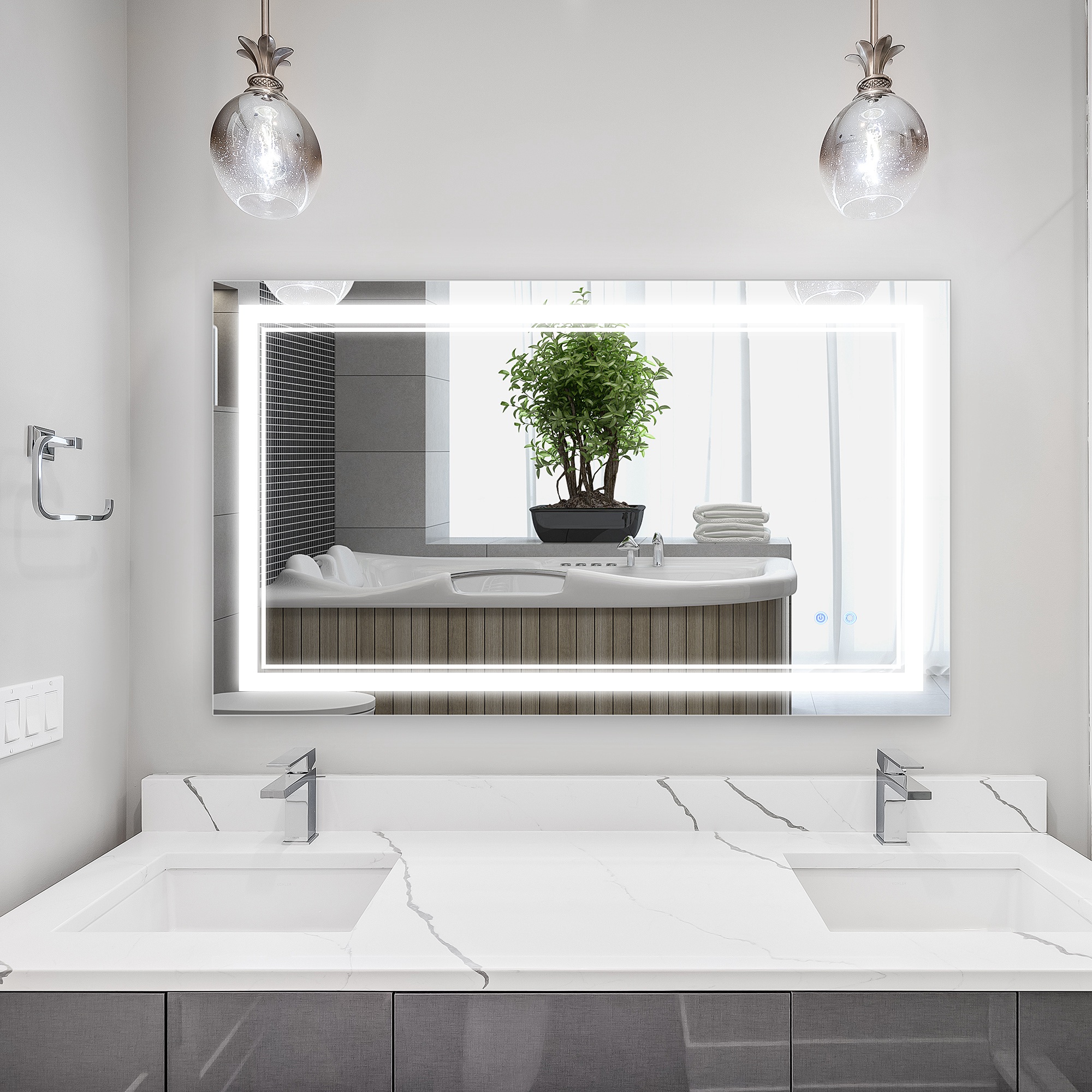 Badezimmerspiegel mit LED-Beleuchtung, Memoryfunktion, Berührungsschalter, Spritzwassergeschützt, Silber