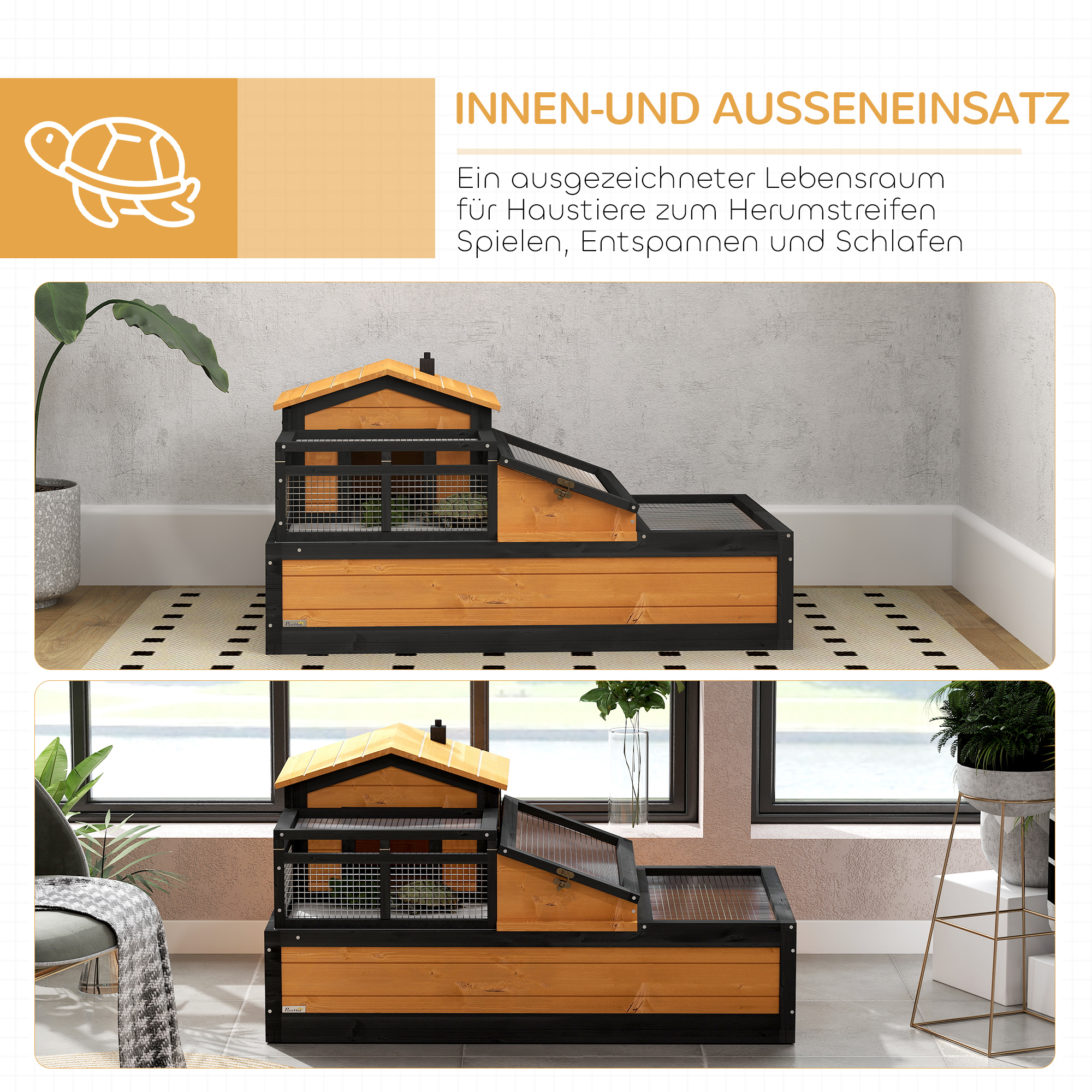 Schuldkrötenhaus, 2 Ebenen, für drinnen und draußen, Schublade, Tannenholz, Gelb