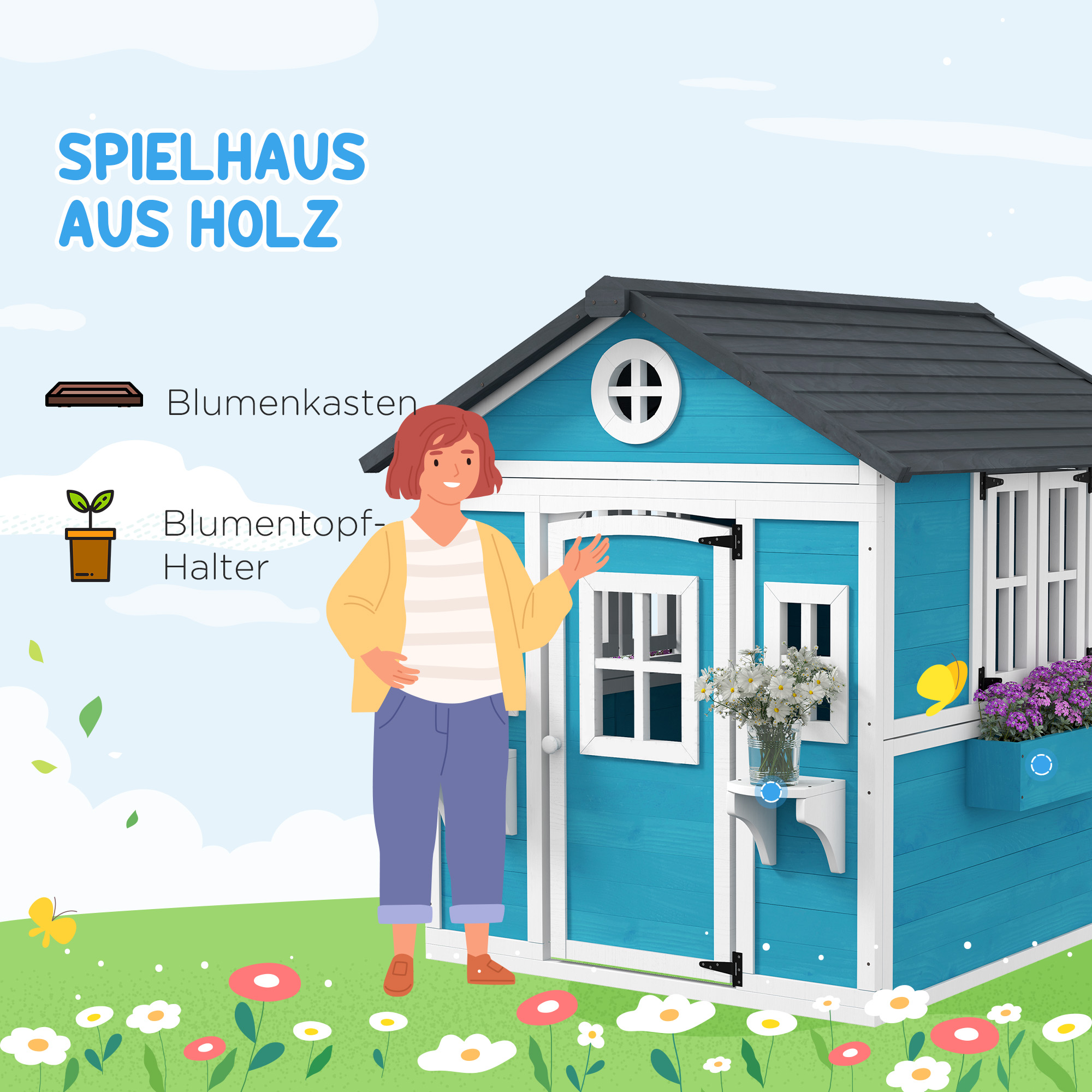 Kinderspielhaus, Holz-Spielhaus für Kinder, Outdoor-Gartenspielhaus mit Fenstern, Blumentöpfe, 3-8 Jahre, Blau