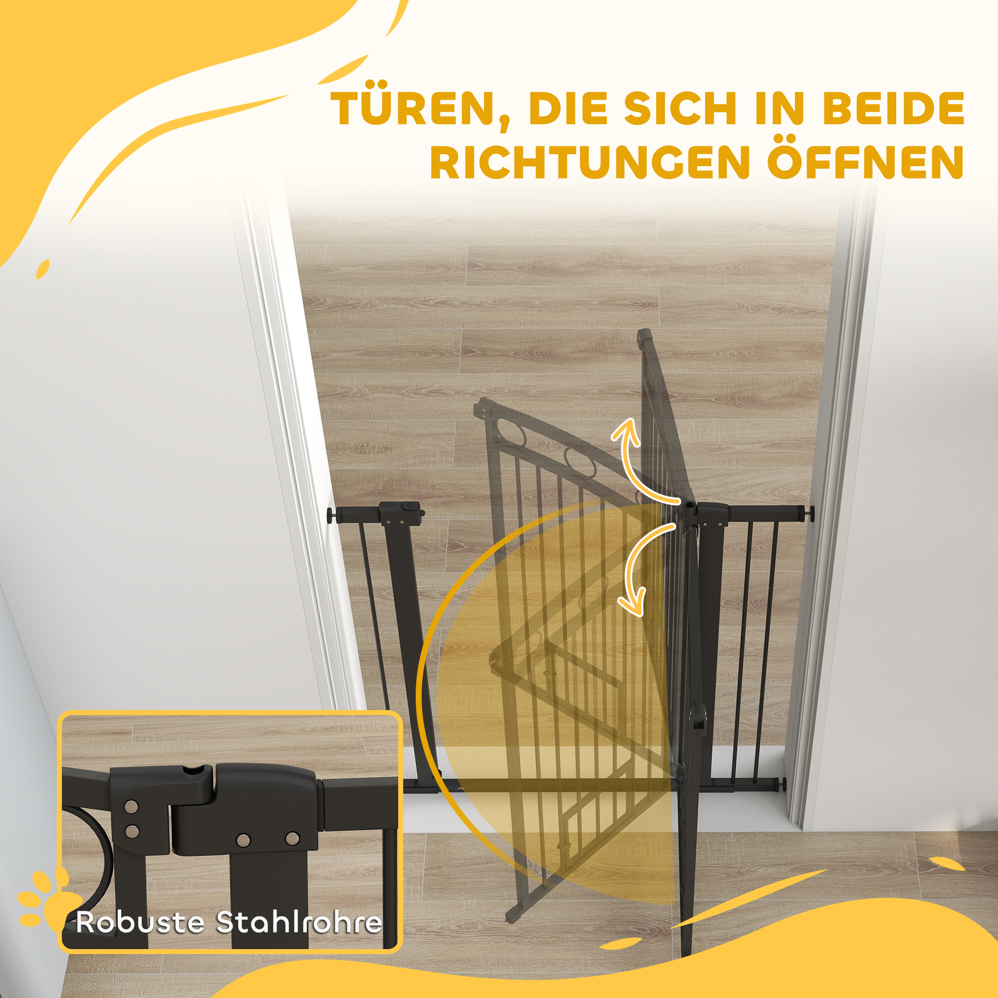 106 cm hohes Haustiergitter mit anpassbarer Breite, integrierte Katzentür, für Treppen und Türrahmen, Schwarz