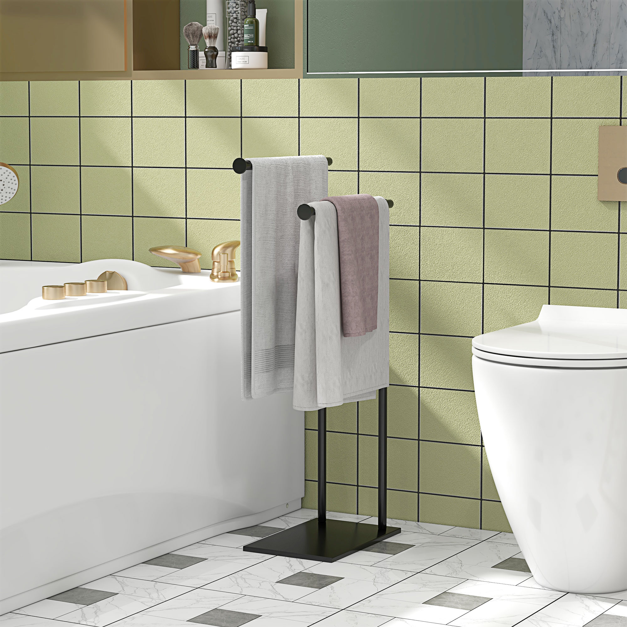 Handtuchhalter Stehend Handtuchständer mit 2 Stangen für Badezimmer, Badetücher Schwarz 35,5 x 20 x 78 cm
