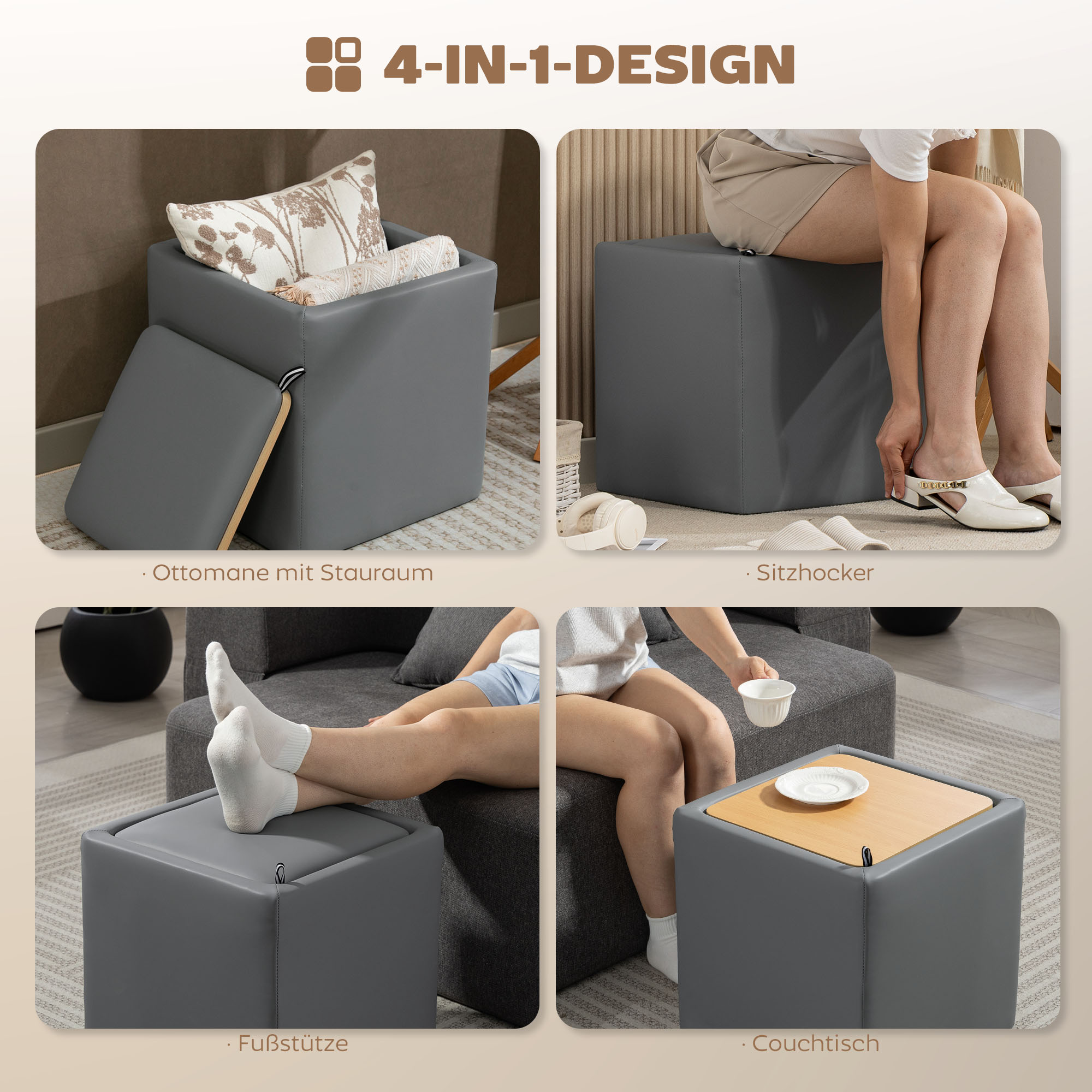 Sitzhocker mit Stauraum Hocker mit Deckel, Quadratischer Fußhocker Sitzwürfel Kunstleder 40 x 40 x 40 cm Grau