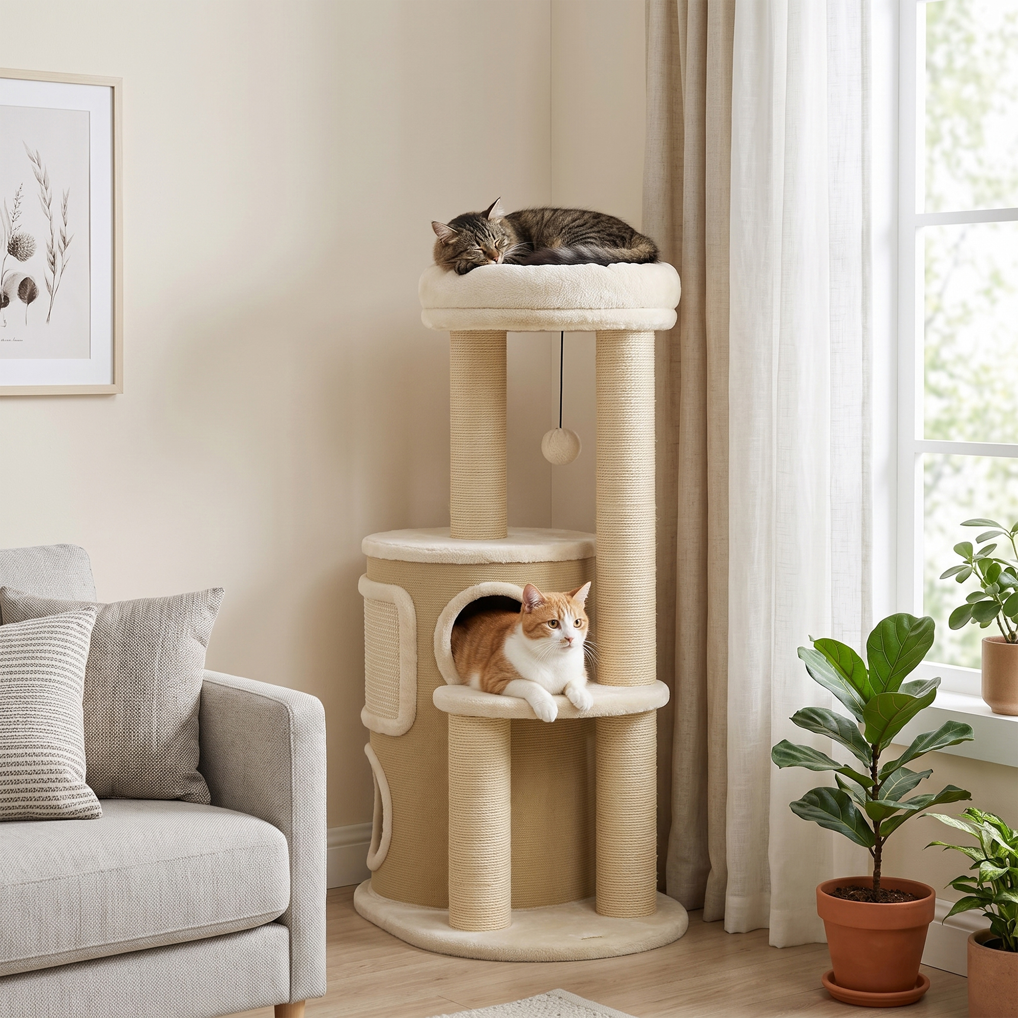 Kratzbaum mit 2-stöckiger Kratztonne Katzenbaum mit Sisal-Kratzpfosten, Plattform Sisalbrett Spielball, für Katzen 5kg