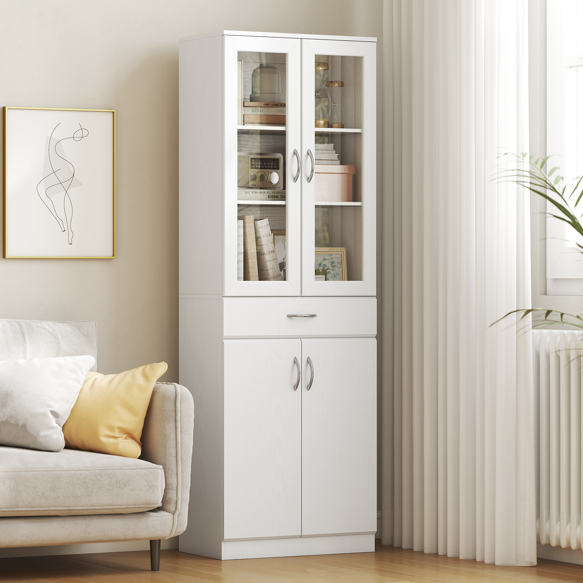 Küchenschrank Buffetschrank mit verstellbar Regal Schublade 2 Schrank Hochschrank mit Glastür 60 x 35 x 180 cm Weiß