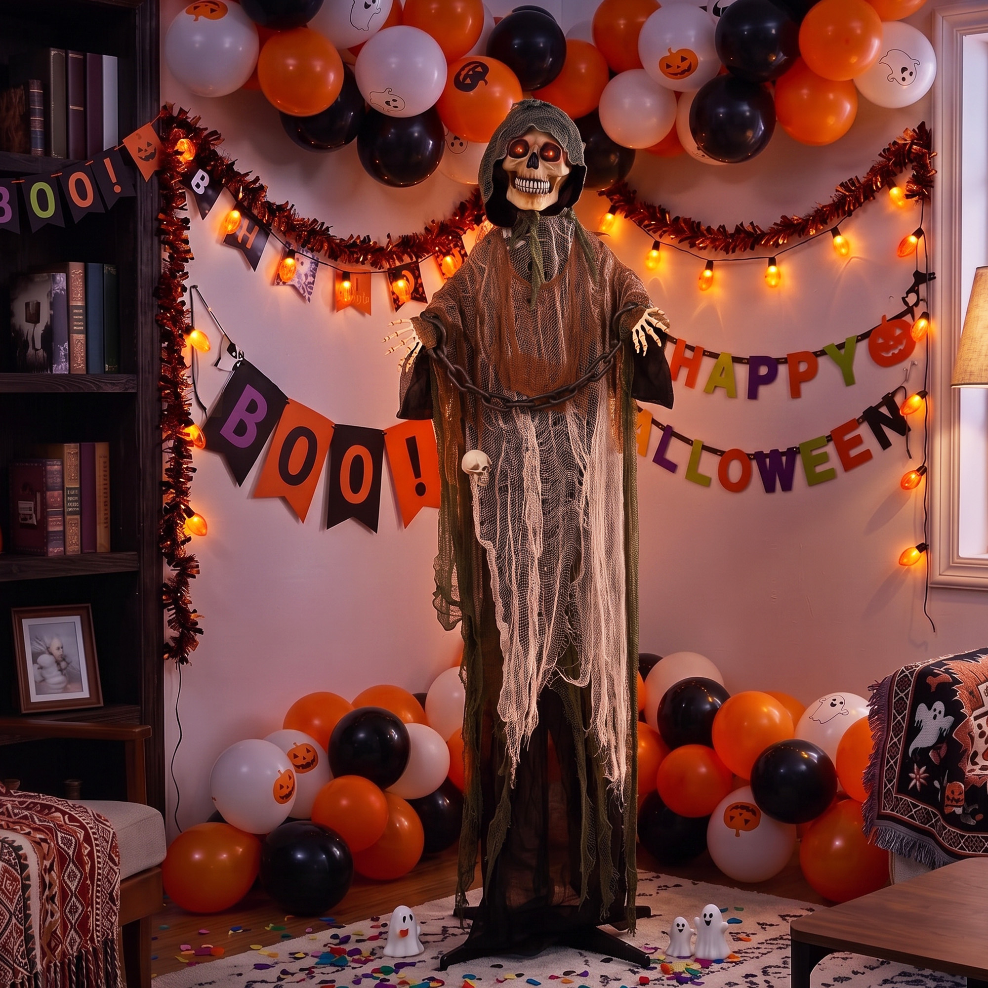 animierter Sensenmann, 170 cm, lebensgroße Halloween-Animatronic mit beweglichen Händen/Kopf, leuchtenden Augen und Gruselsound
