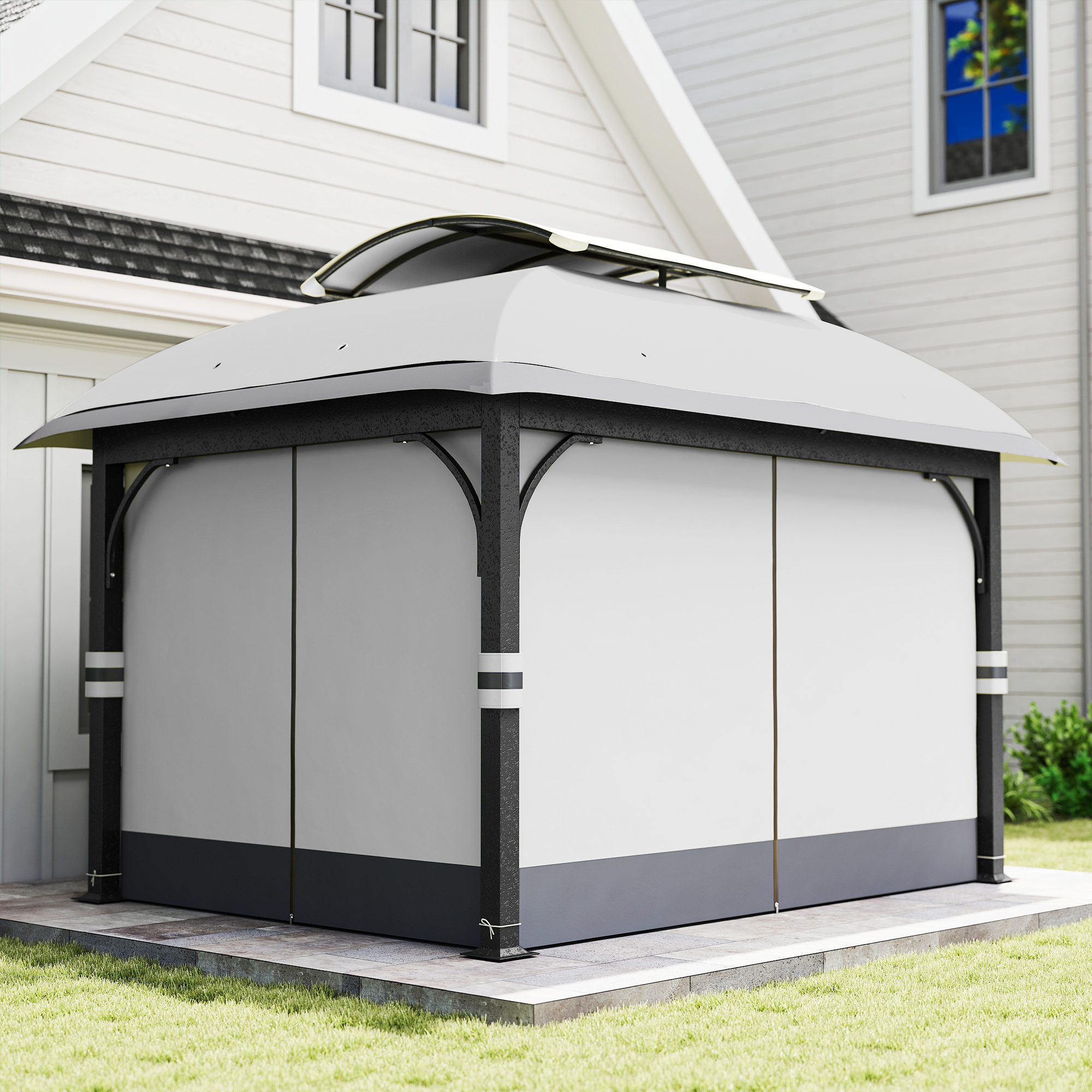 Gartenpavillon, 3,3 x 4 m Gartenzelt mit Netz-Vorhängen, zweistufiges Dach, Kunstleder-Bezug, Metallrahmen, Hellgrau