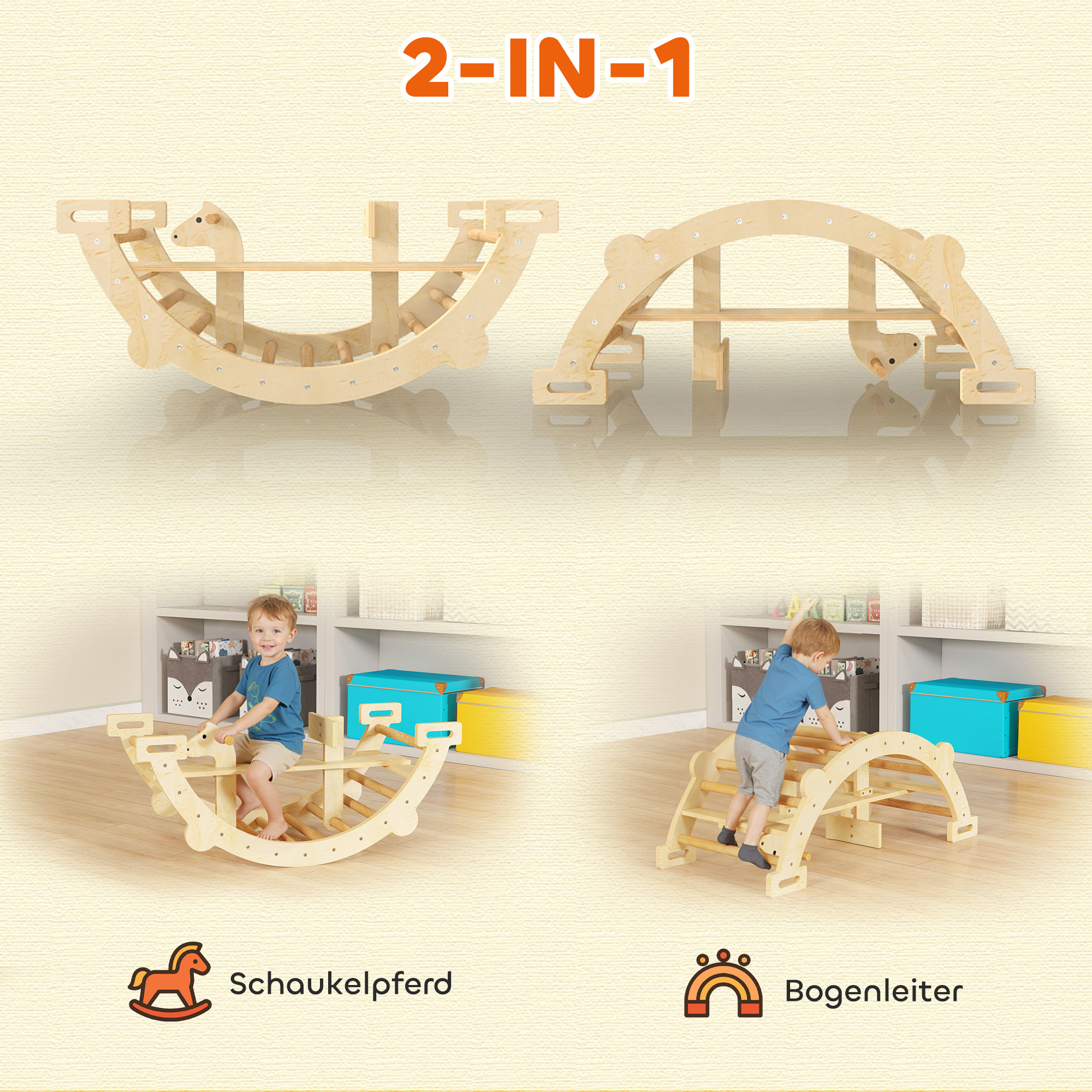 Montessori Klettergerüst Indoor, 2 in 1 Kletterbogen aus Holz, für Kinder 2-4 Jahre, 110x52x45 cm, Naturholz