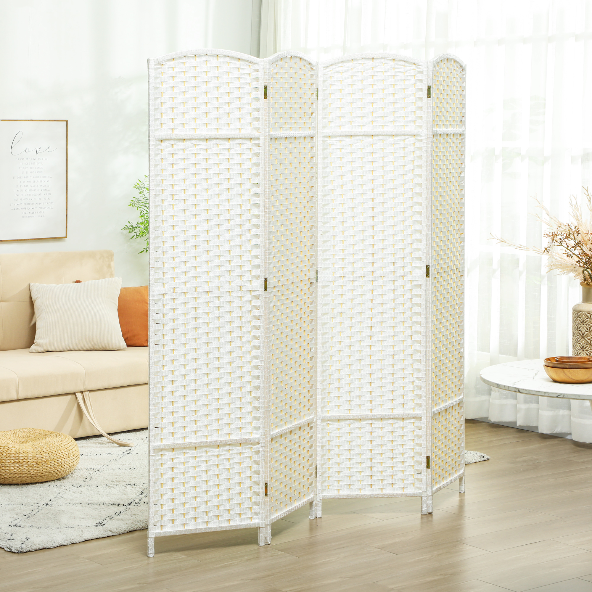 4-teiliger Raumtrenner, Faltbarer Sichtschutz, Sichtschutzwand für Wohnzimmer, Schlafzimmer, Homeoffice, Weiß