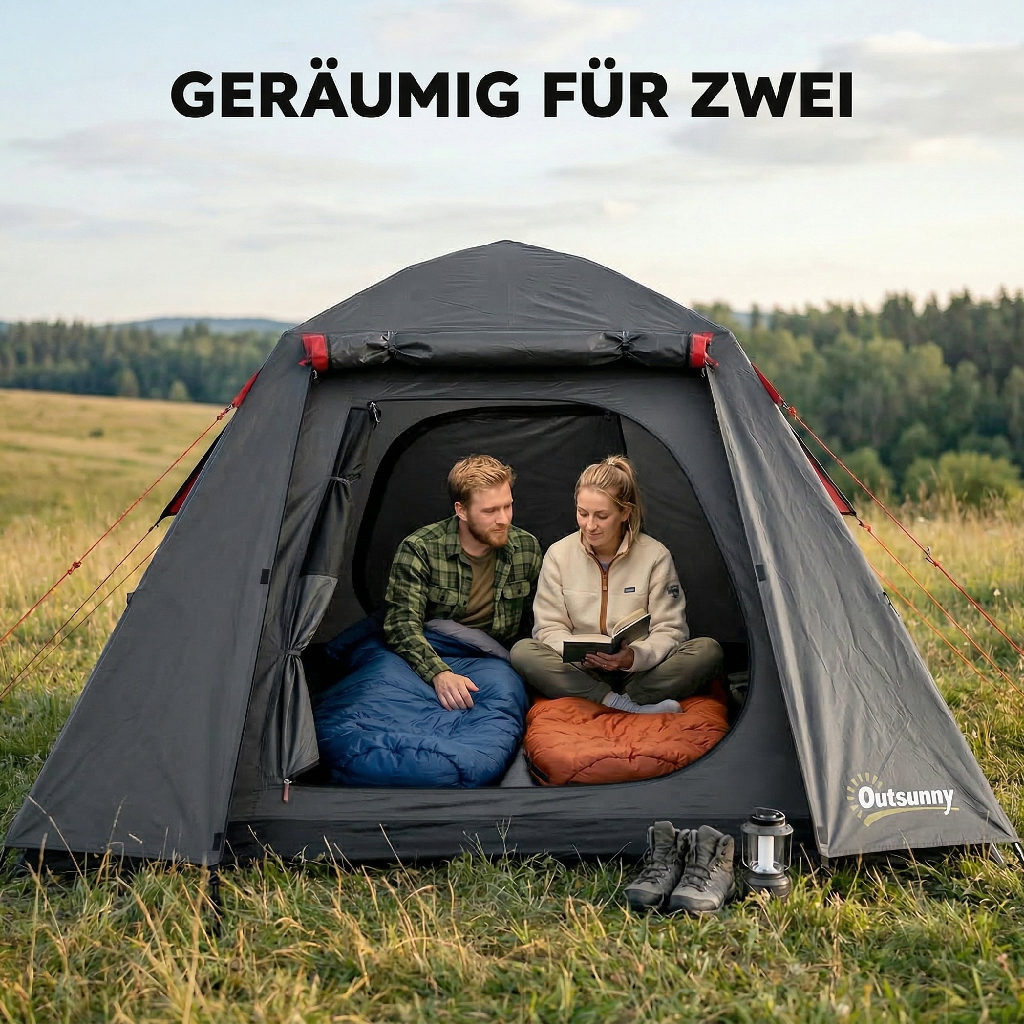 Campingzelt 2 Personen 3000mm Wasserdicht & Winddicht Kuppelzelt mit 2 Türen 2 Netzfenstern 2 Seitenfenster Tragetasche