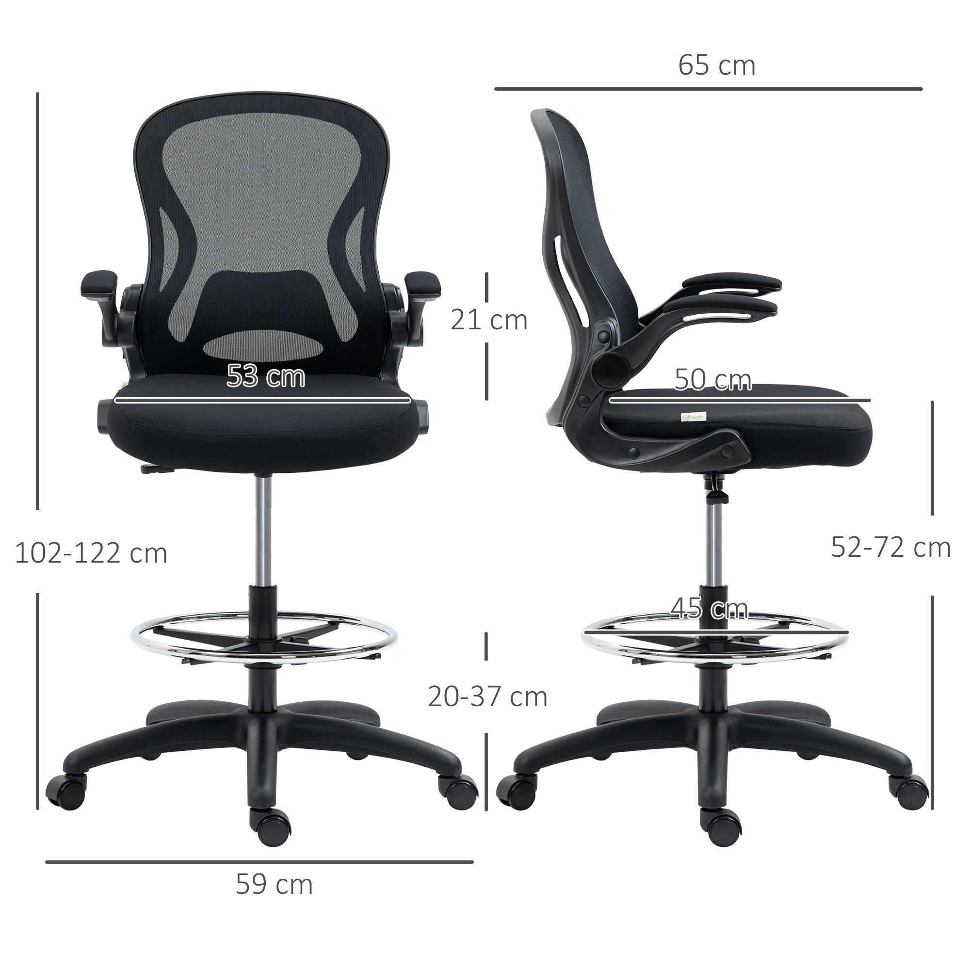Zeichenstuhl, höhenverstellbarer Bürostuhl, mit Fußstütze, 59 cm x 65 cm x 122 cm, Schwarz