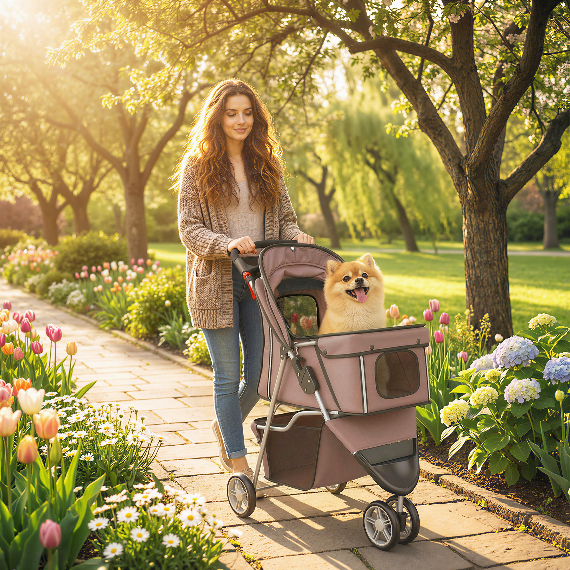 pawhut-hundewagen-faltbar-hundebuggy-mit-aufbewahrungskorb-kissen-netzfenster-getrankehalter-fur-kleine-hunde~2541S3PM1S001