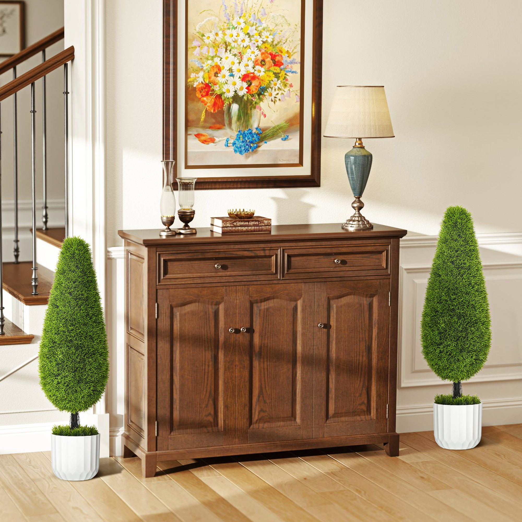 2er-Set Kunstpflanze inklusive Übertopf und Kunstmoos; Künstliche Zypresse, Weiß + Grün