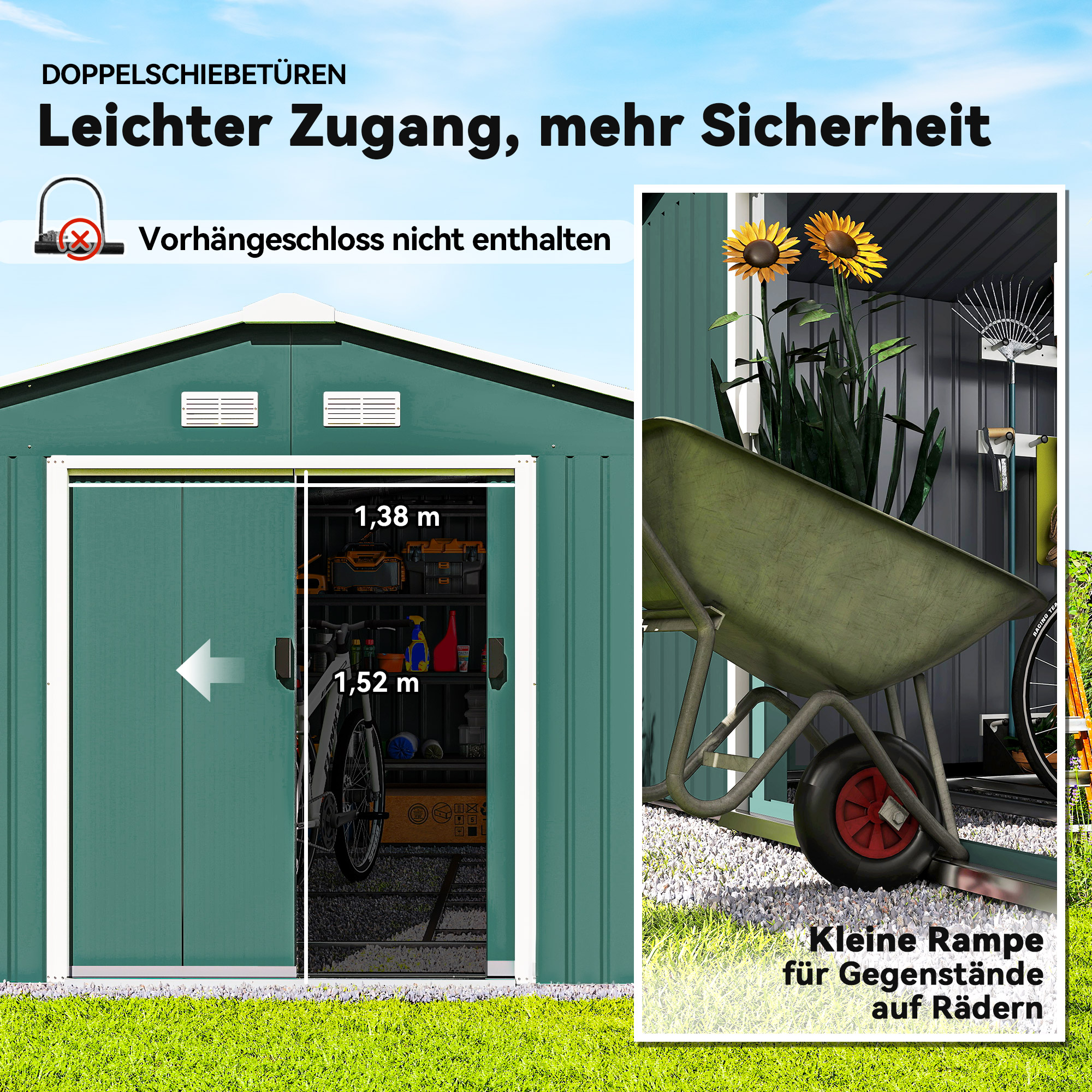 Geräteschuppen, Wetterfestes Gartenhaus für Gartengeräte, mit Belüftungsfenstern, Schiebetüren, Stahl, Dunkelgrün