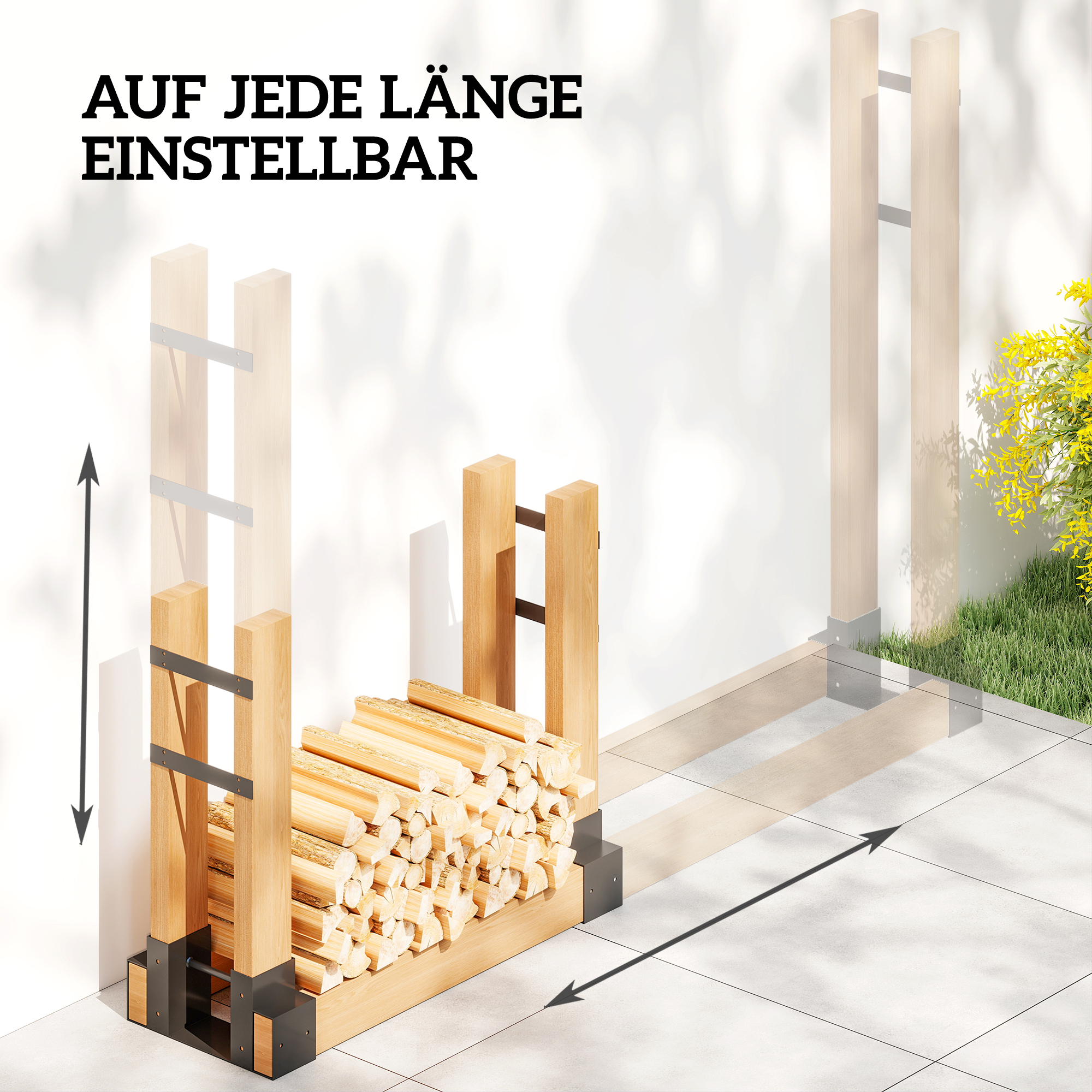 2er Set Kaminholzregal für innen 33,5 x 10 x 15,5cm Brennholzregal mit verstellbar Länge Metall Schwarz