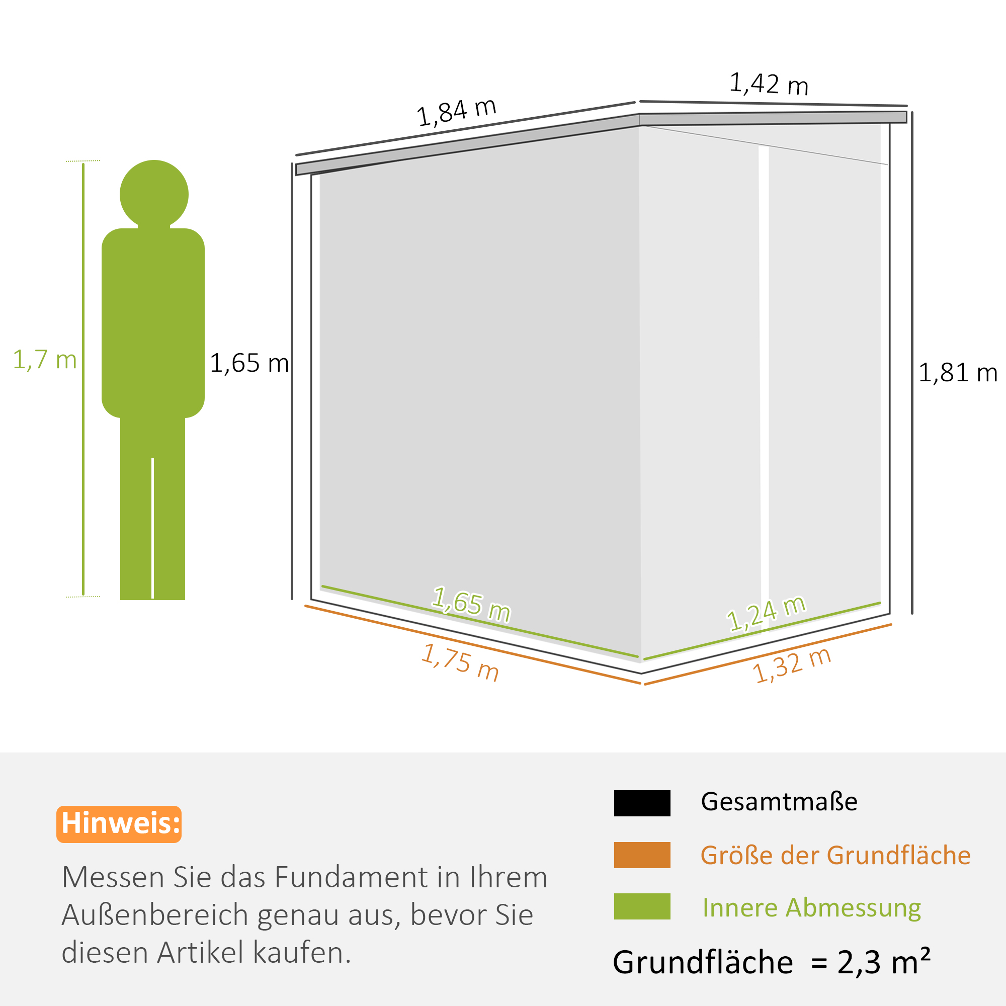 Gartenschuppen aus Metall, verzinkter Stahl, verschließbare Tür, leichte Montage, 142 x 184 x 165/181 cm, Grau
