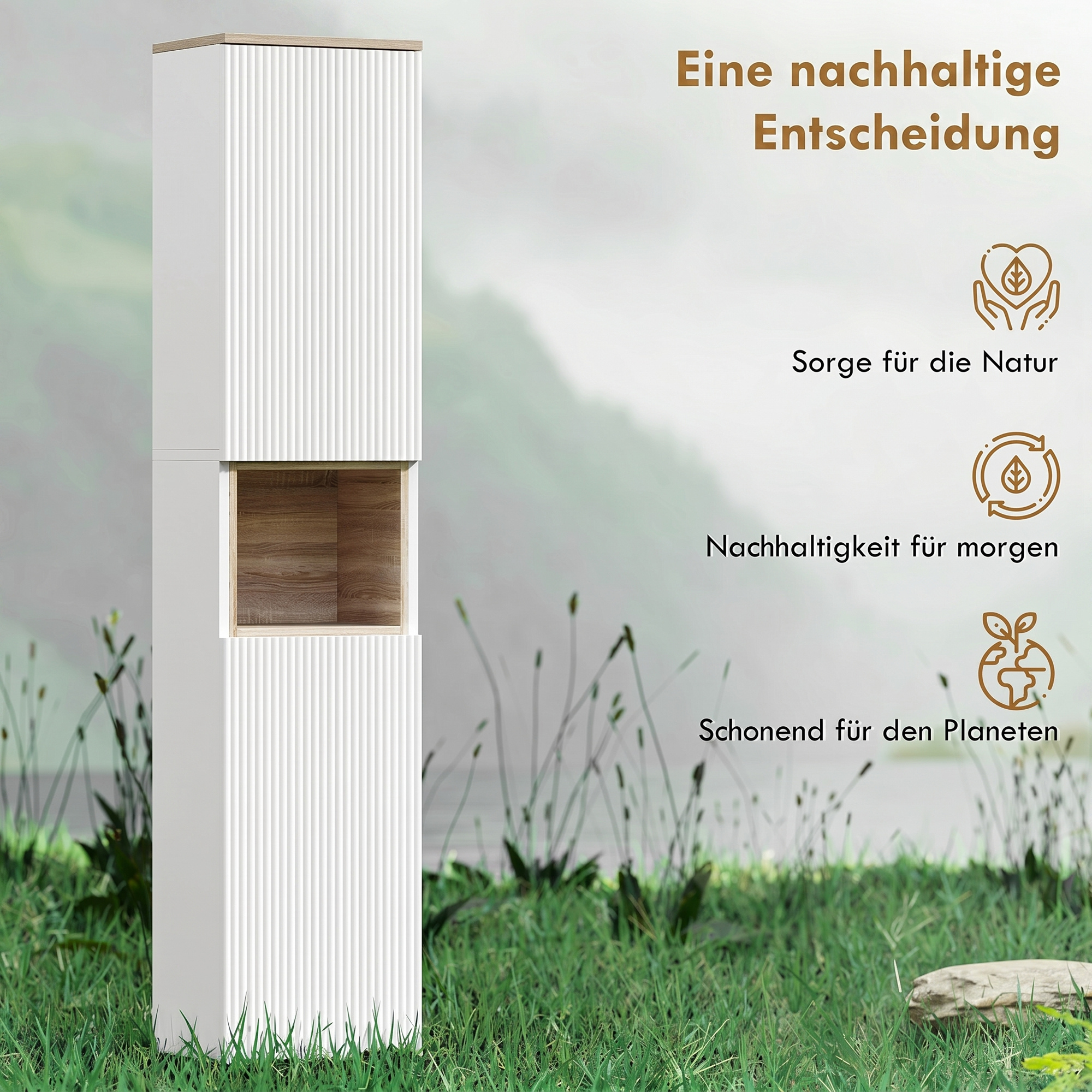 Badezimmerschrank, freistehend mit 2 Türen und offenem Regal, Weiß