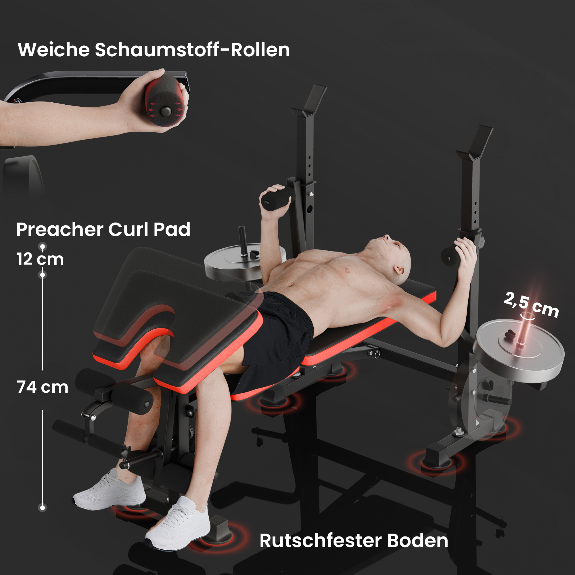 Hantelbank ohne Gewichte, verstellbare Fitnessbank für zahlreiche Übungen,  Workout-Station, Stahl, Kunststoff, Schwarz+Rot