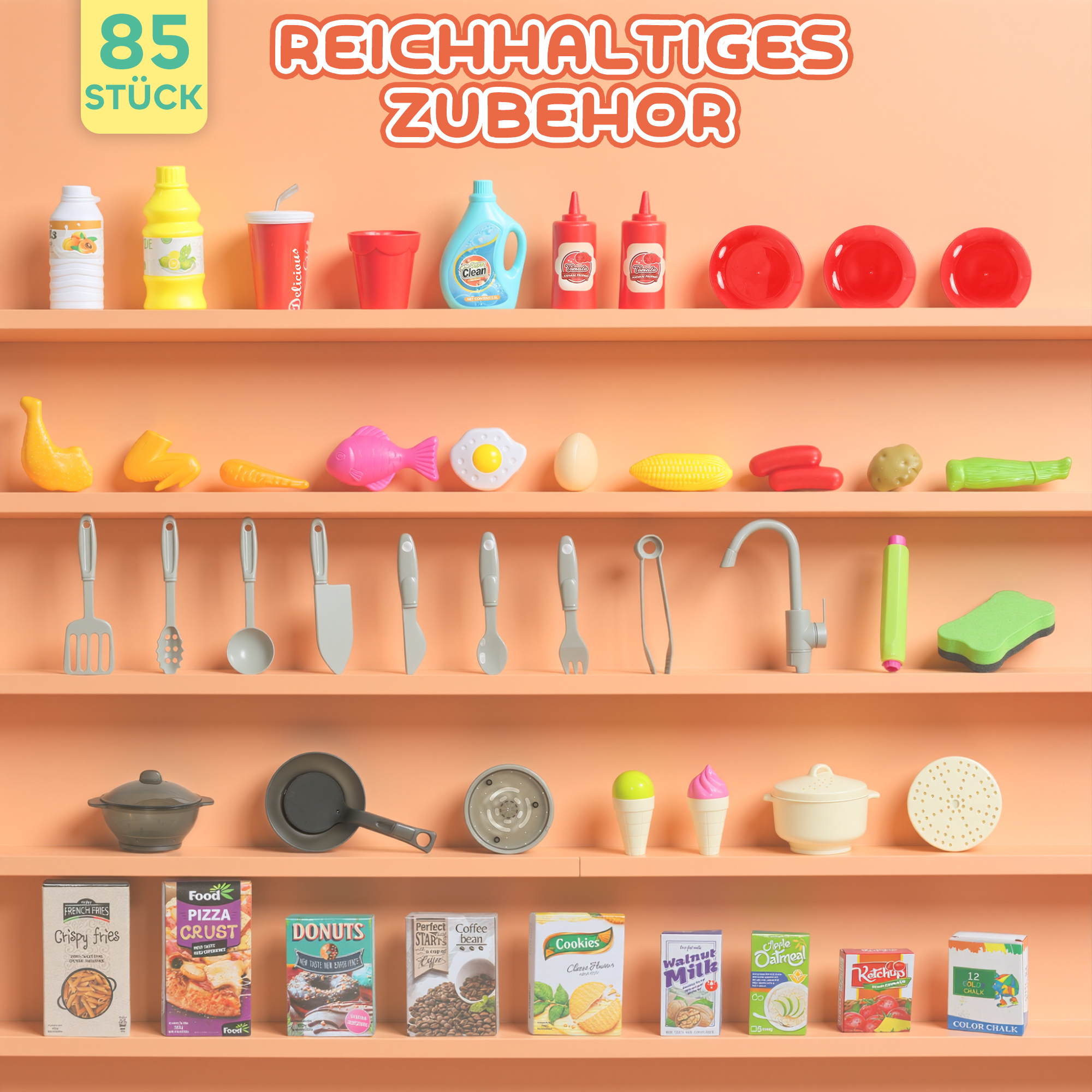 Spielküche mit fließendem Wasser, 85-teiliges Zubehör, elektrischer Wasserhahn, Lichter, Geräusche, für Kinder von 3-6