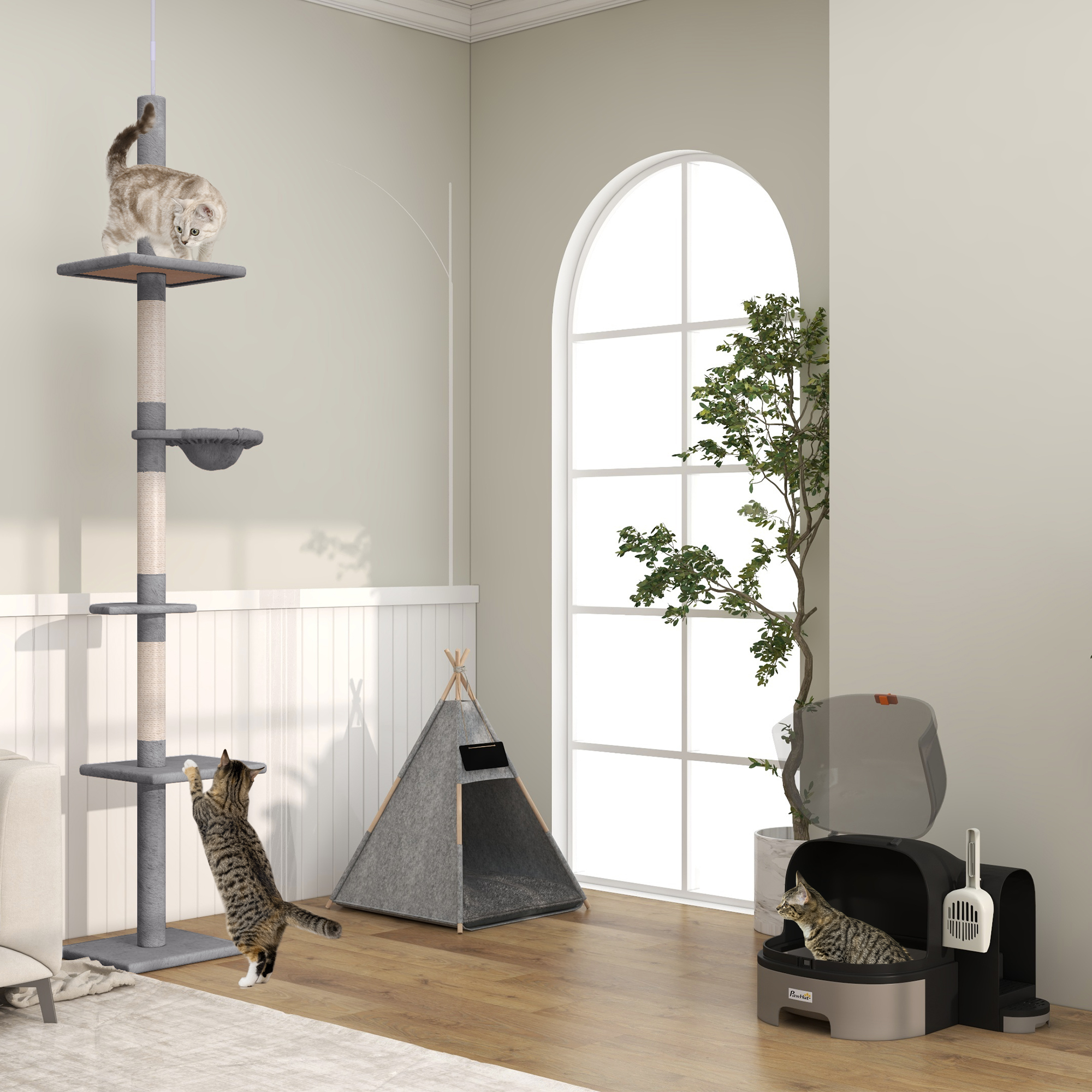 Katzentoillete Katzenklo, 2 herausziehbare Bodenwannen, 1 Schaufel, Streuauffangfach, Grau + Schwarz