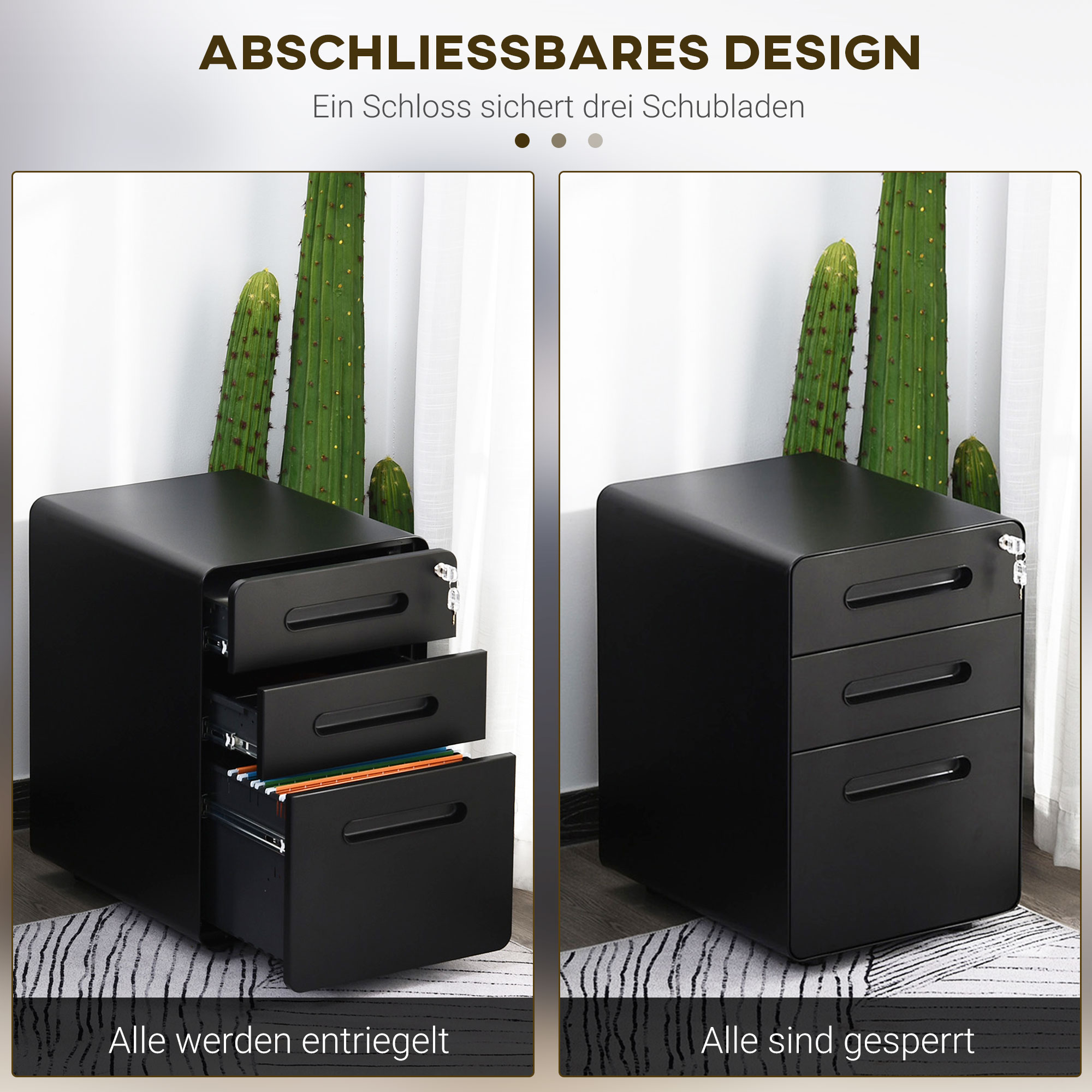 Rollcontainer mit 3 Schubladen mobiler Aktenschrank mit Rollen abschließbar Büroschrank mit Hängeregistratur Stiftfach, Bürocontainer Schreibtisch Unterschrank für Büro 39x48x59cm Schwarz