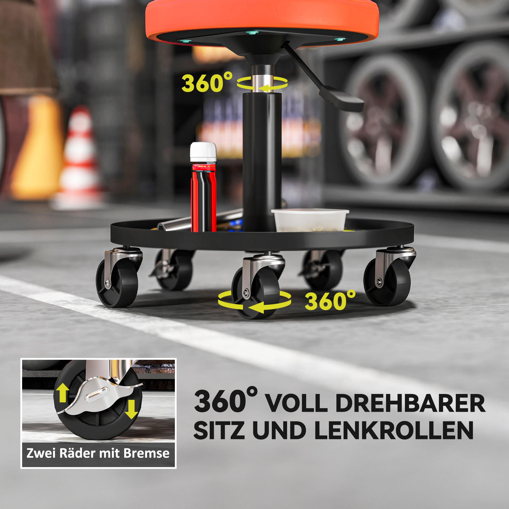 Werkstatthocker mit Rollen Ablagefläche höhenverstellbar 38-50cm bis 135 kg belastbar Orange