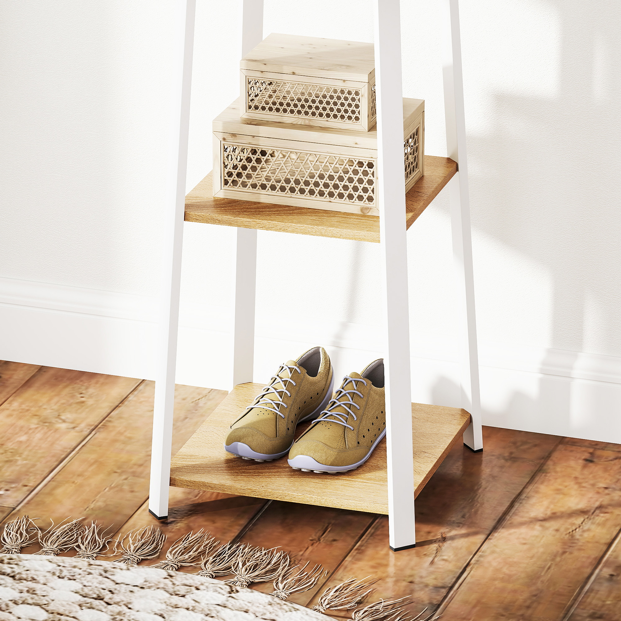 Kleiderständer, Trapez-Design, dreistufig, 8 Doppelhaken, Stahll, Weiß+Eiche