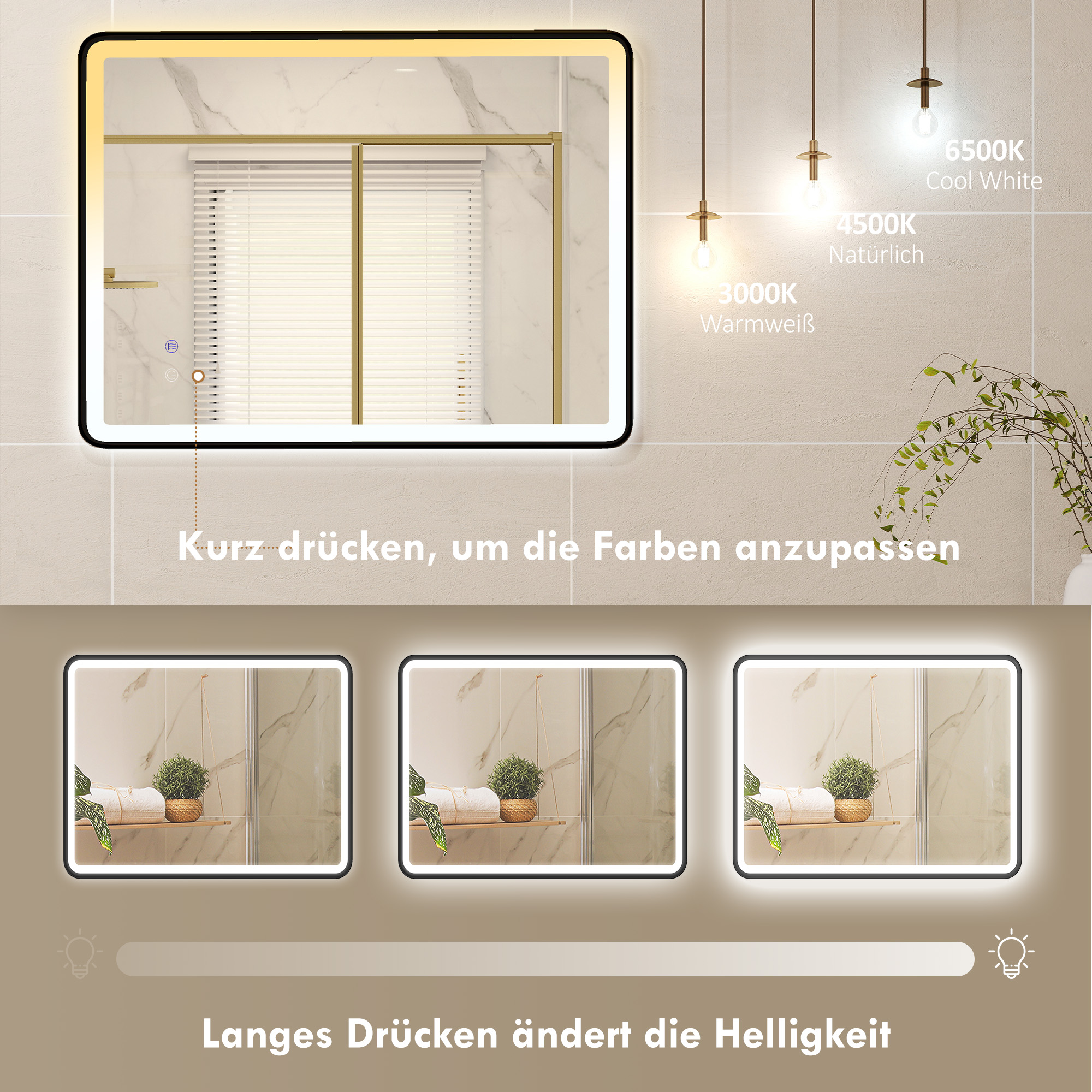 LED-Badezimmerspiegel Anti-Beschlag Dimmbare Schminkspiegel mit Beleuchtung 80 x 60 cm Schwarzer Rahmen