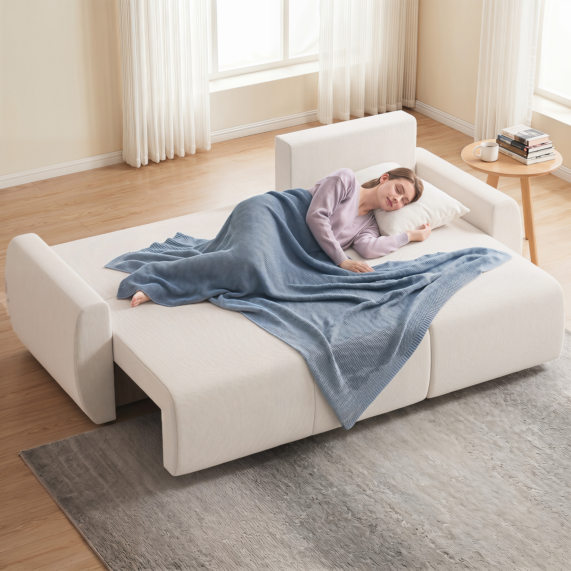 Schlafsofa mit Umkehrbarer Chaiselongue, L-förmiges 3-Sitzer Sofa aus Veloursbezug, Cremeweiß