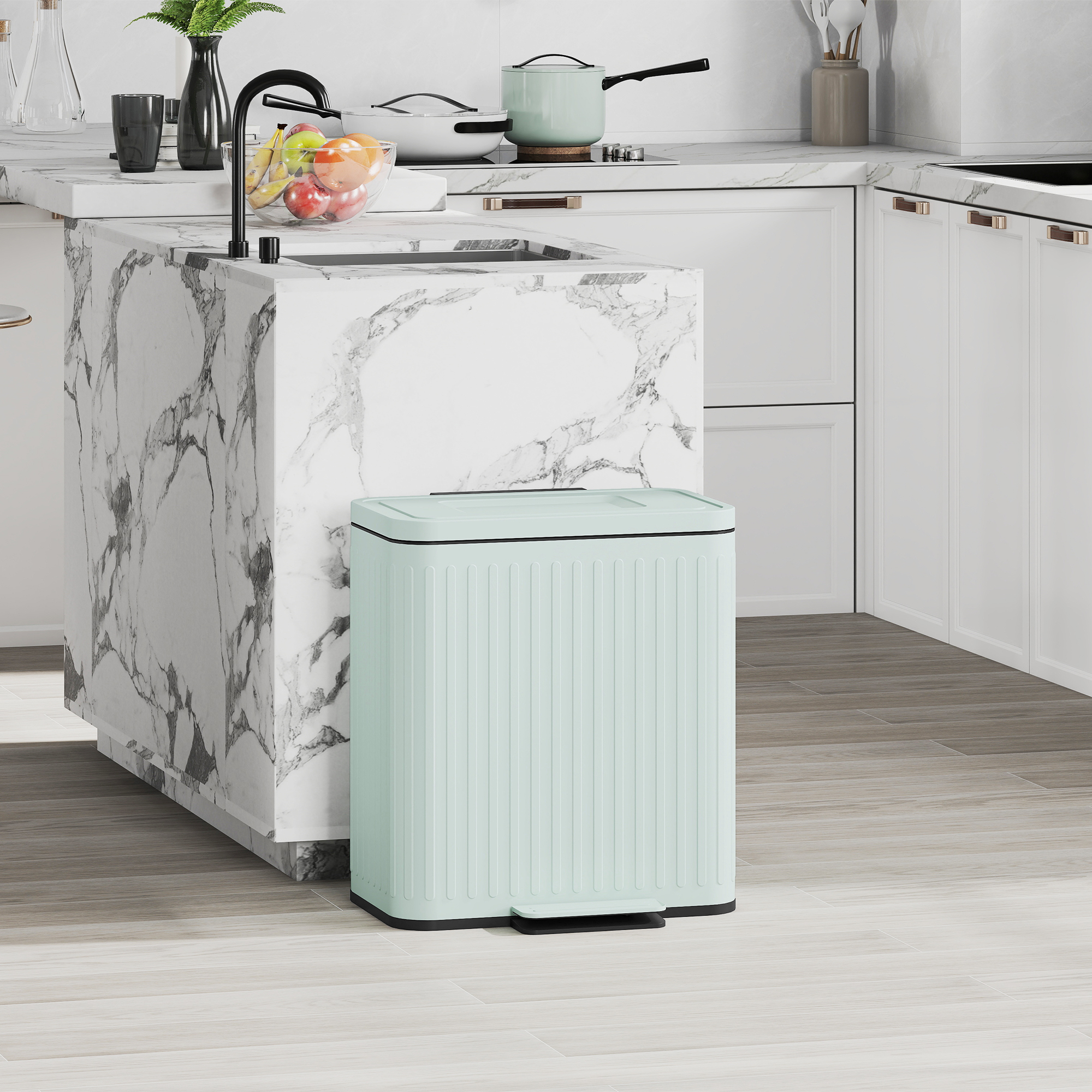 Küchenmülleimer, 2x 20l-Fächer, effiziente Mülltrennung, Fußpedal, Kunststoff, Metall, Grün