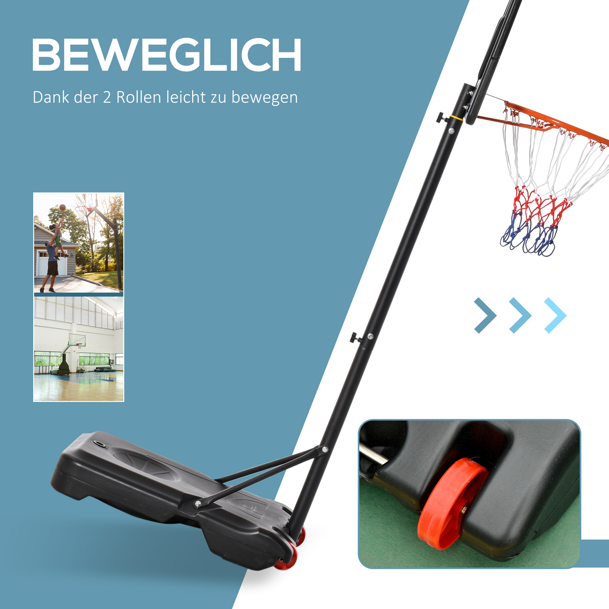 Rollbarer Basketballständer, Verstellbarer Basketballkorb, freistehend, Kunststoff, Stahl, 75L x 83B x 205-261H cm