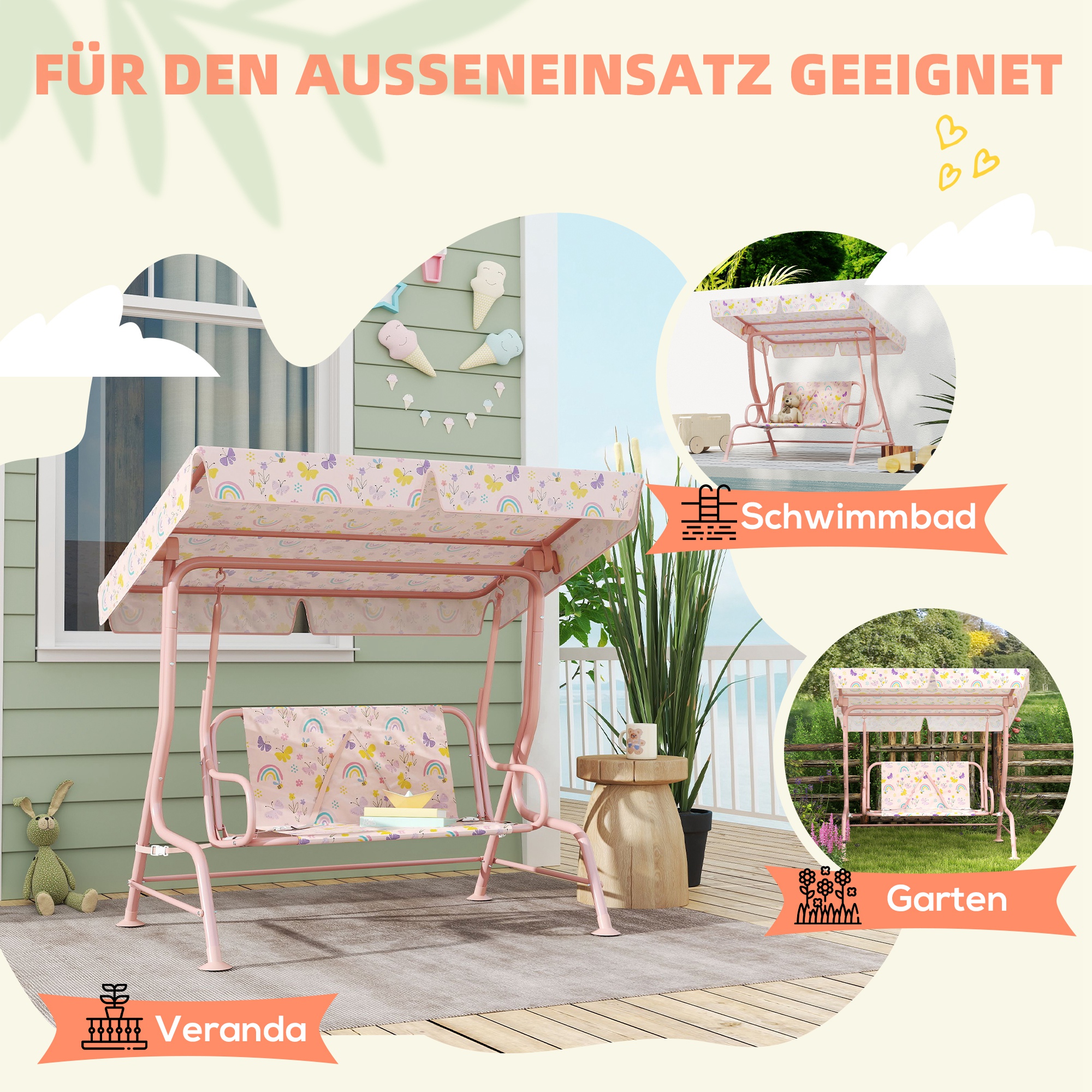 Hollywoodschaukel für Kinder, Stahlrahmen, 2-Sitzer, 60 kg belastbar, Rosa