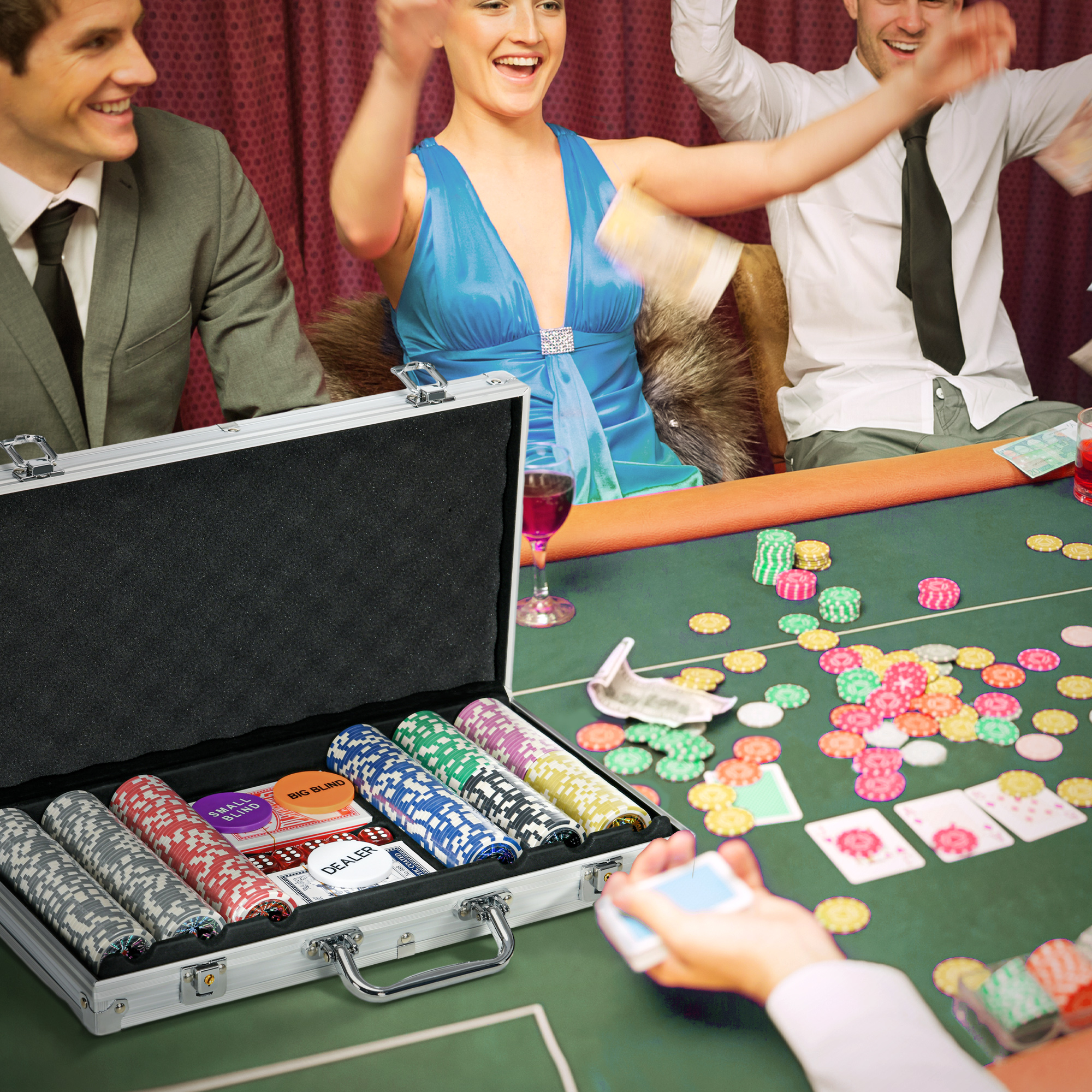 Casinozubehör und Chips Pokerset mit Chips Pokerchip-Koffer, inkl. Unterlage,  500 Chips, Set für 9-10 Spieler, Silber